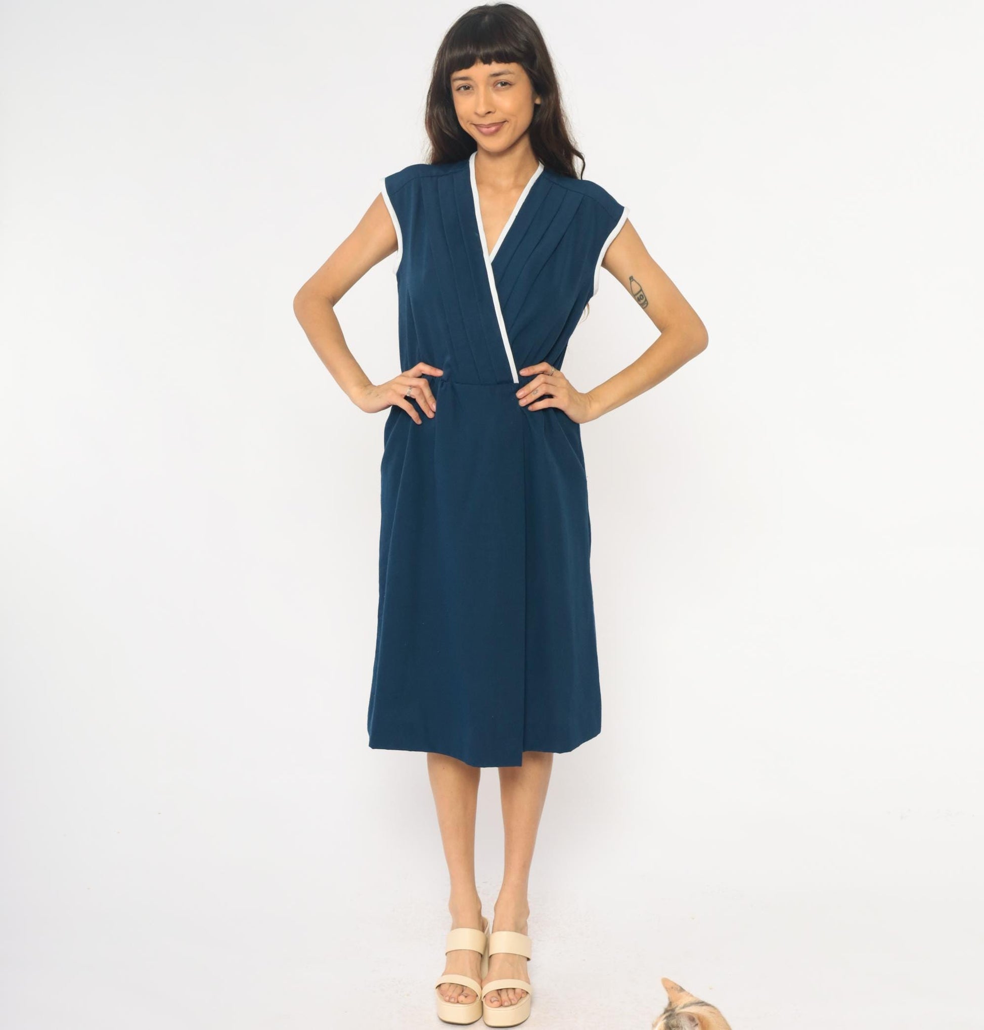 80s Toni Todd Navy Wrap Dress White Trim Cap Sleeve Midi Small Medium