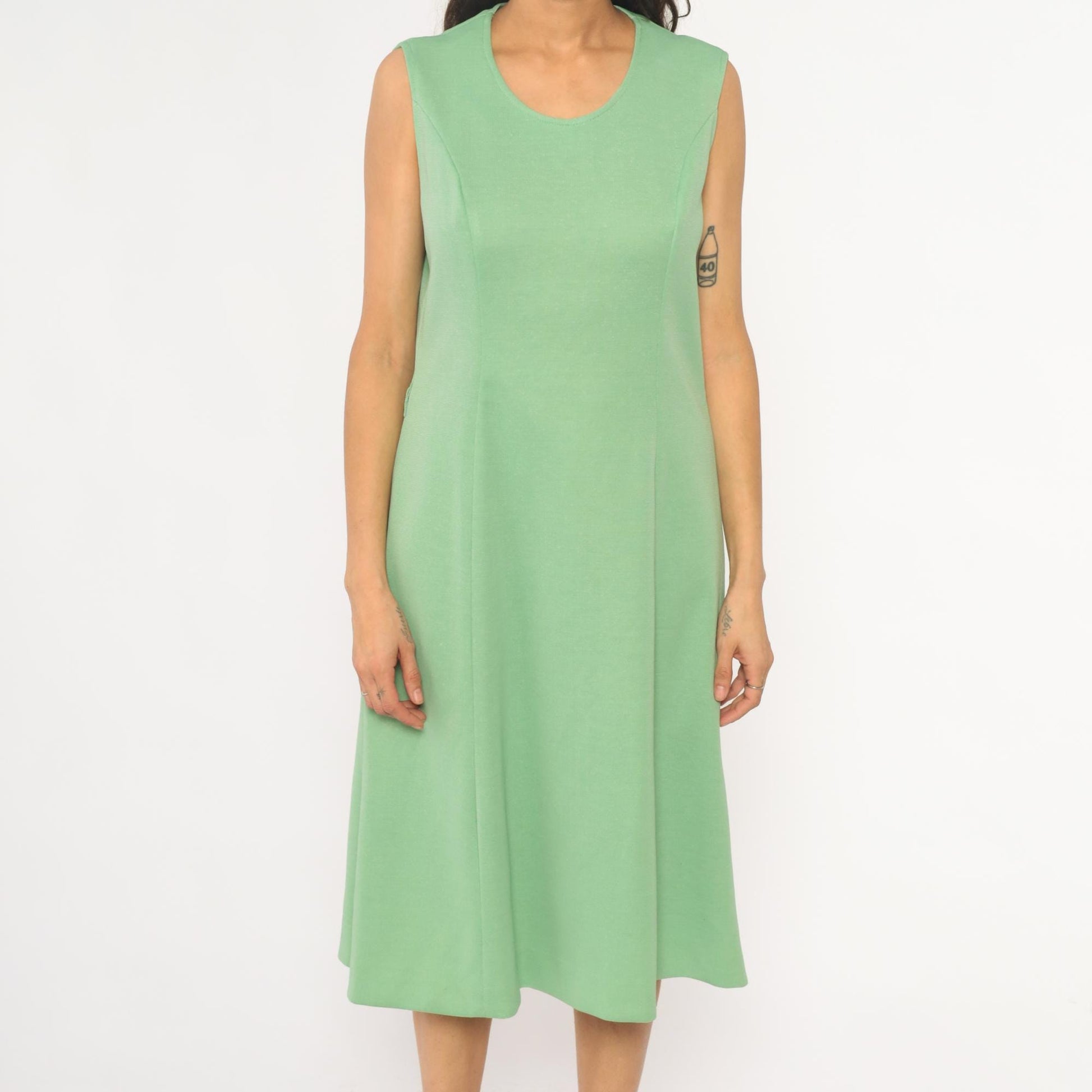 70s Mint Green Sleeveless A-Line Dress Scoop Neck Knee Length Large L