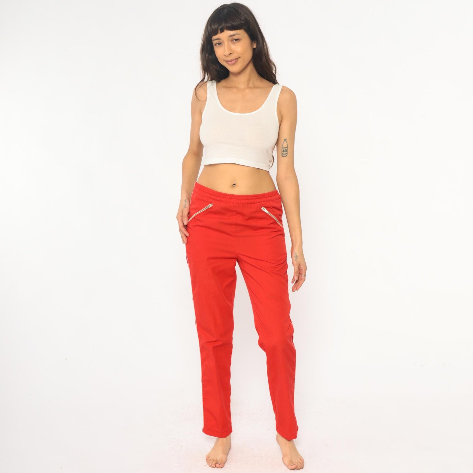 80s C'est Joli Track Pants Coral Red White Stripe Zipper Pockets Small