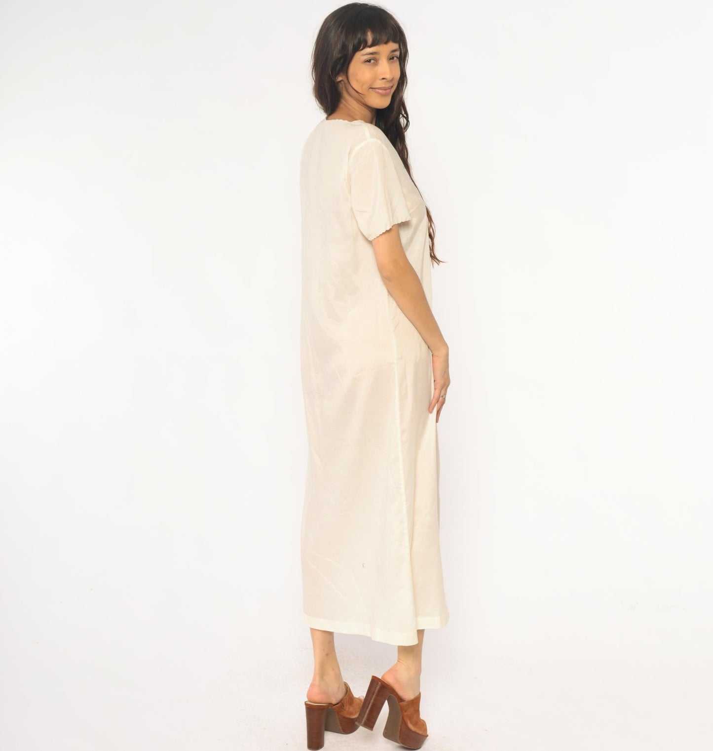70s Cream Embroidered Floral Maxi Dress V-Neck Short Sleeve Small S
