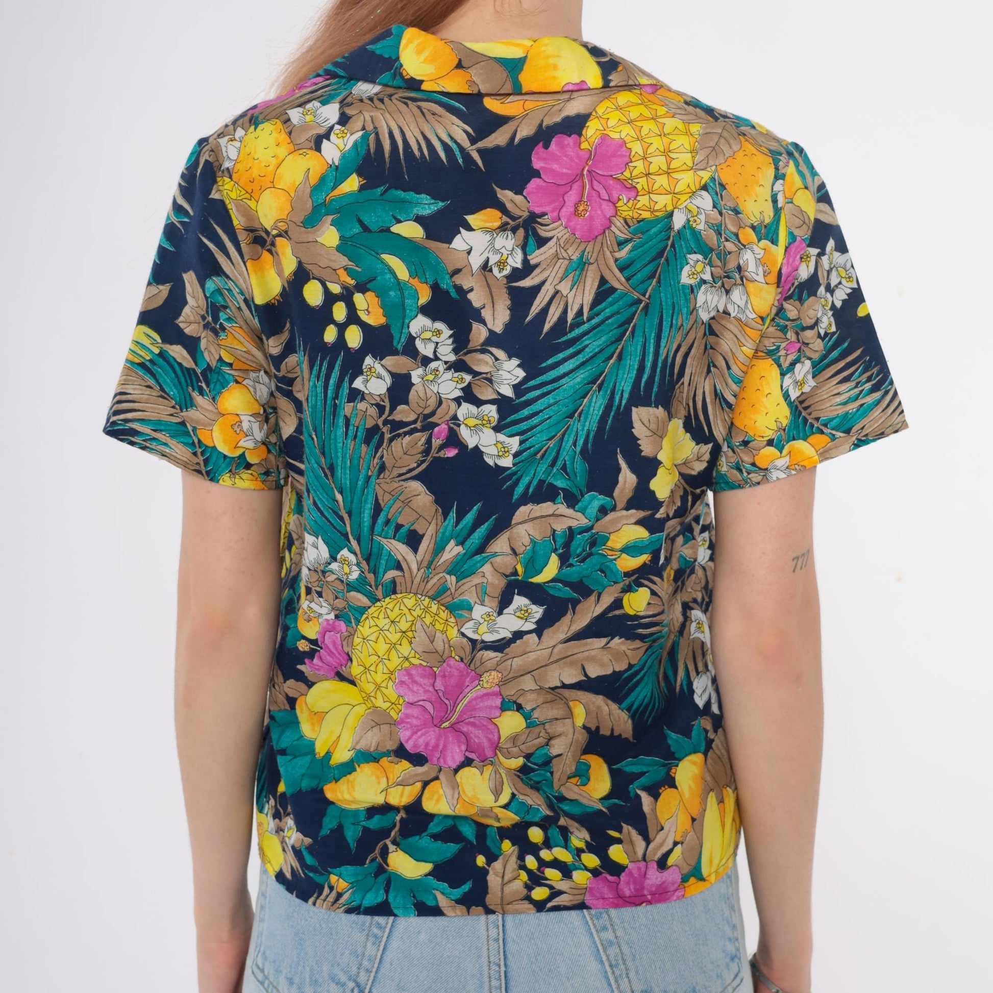 90s So What Hawaiian Shirt Navy Tropical Floral Pineapple Small