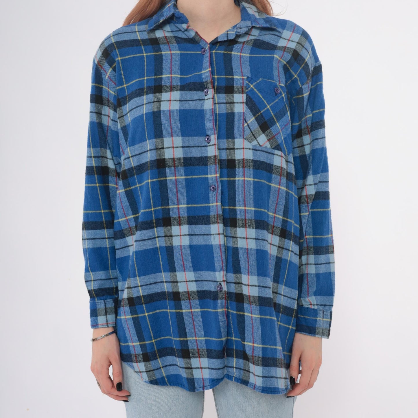 90s Timber Trail Plaid Flannel Shirt Blue Button Front Cotton Medium M