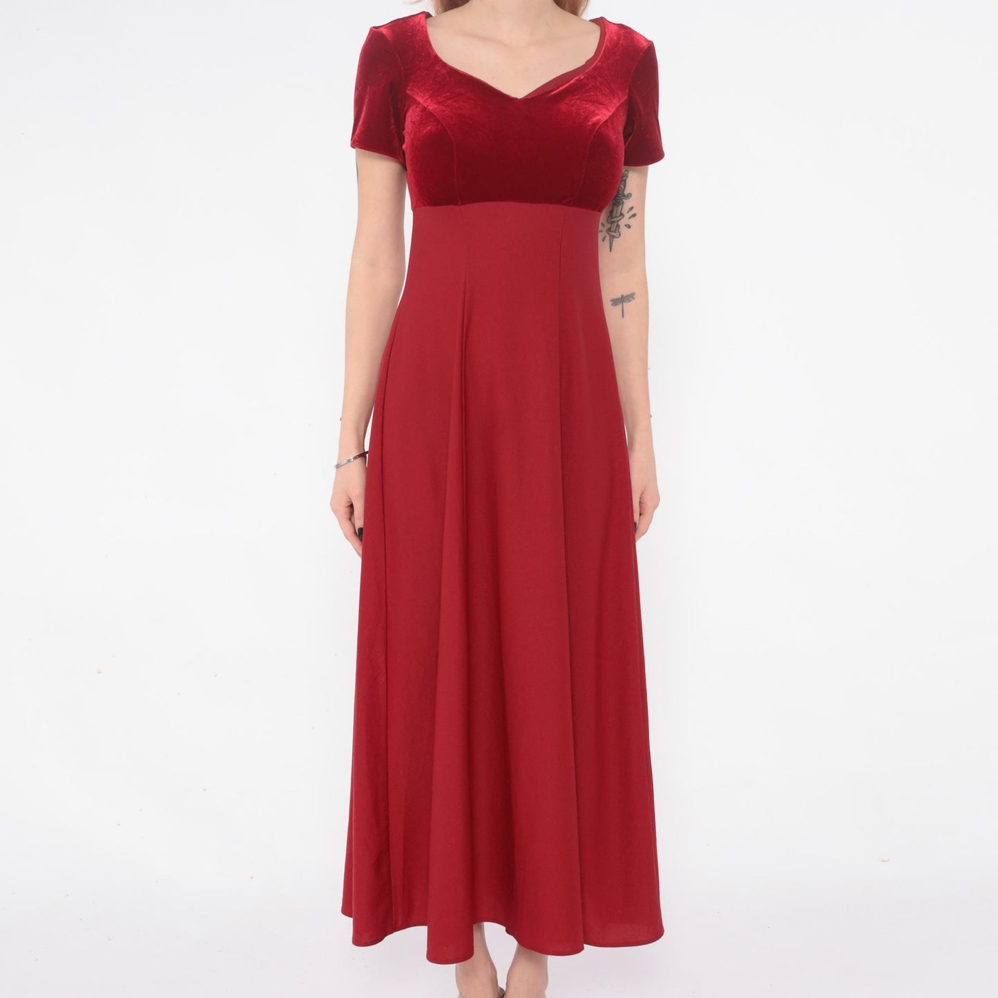 Y2K Burgundy Velvet Maxi Dress Empire Waist Color Block Small S