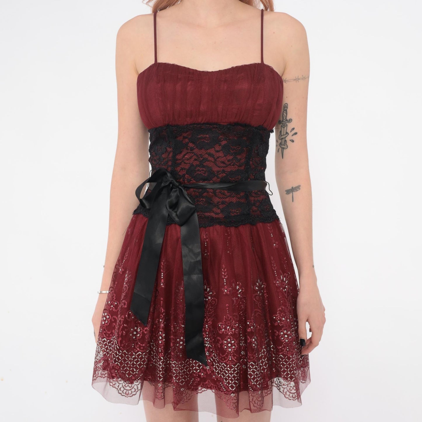 Y2K Burgundy Mini Dress Sequin Lace Spaghetti Strap Small