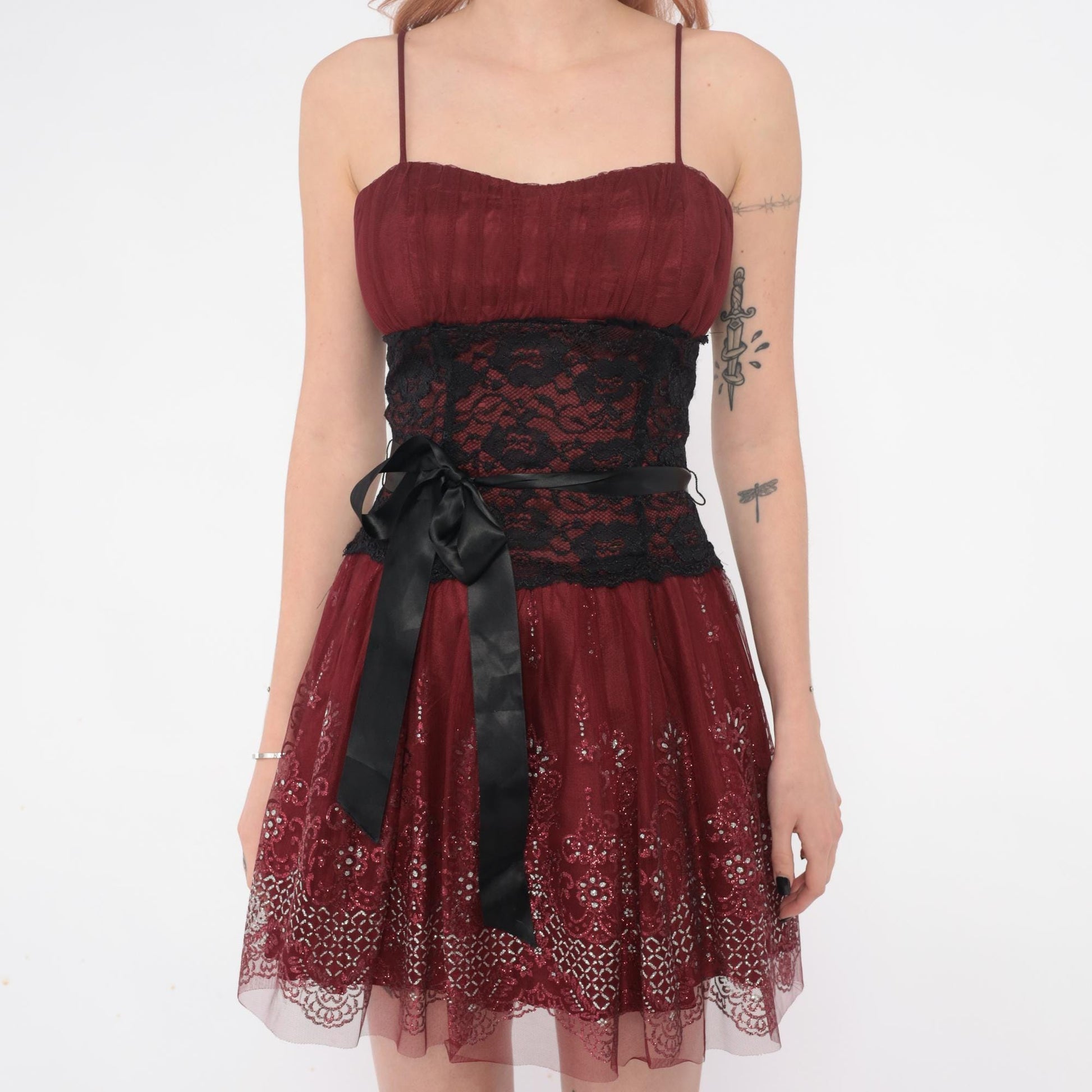 Y2K Burgundy Mini Dress Sequin Lace Spaghetti Strap Small