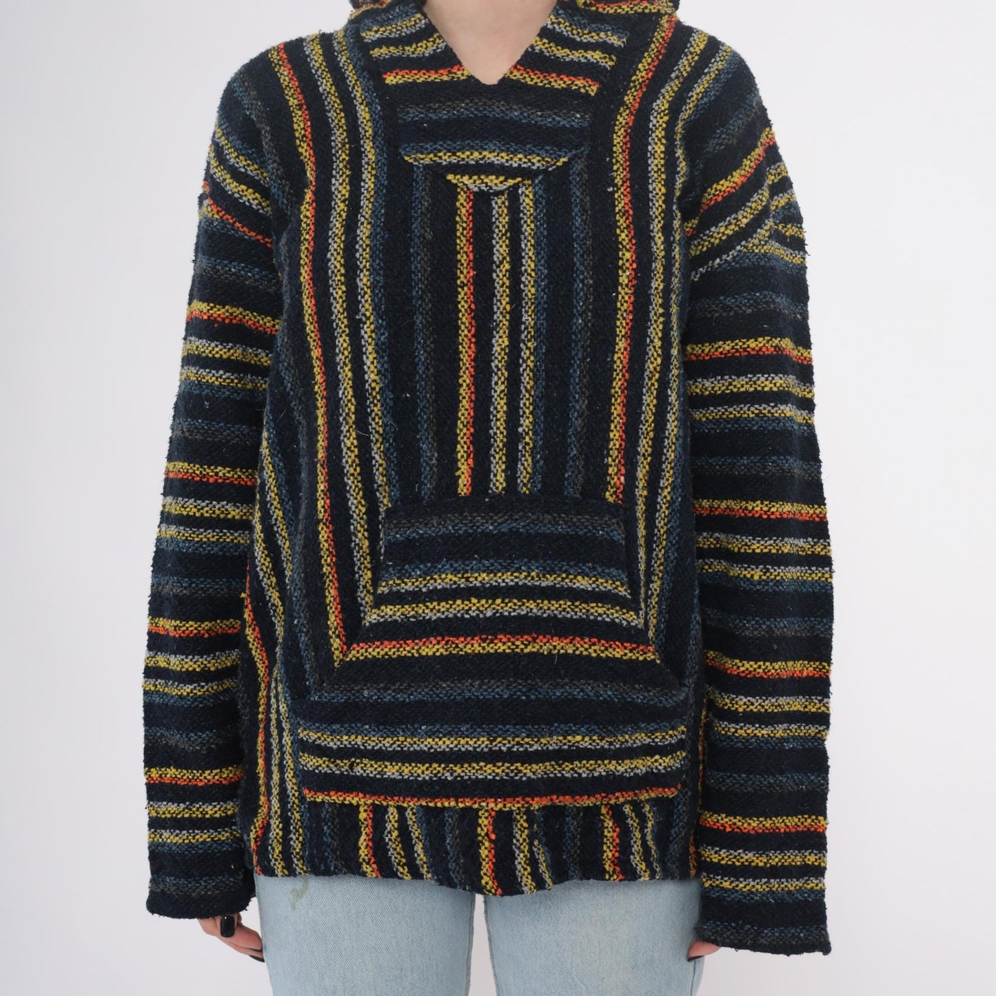 90s Iguana Jack Baja Hoodie Black Striped Woven Kangaroo Pocket Extra Large XL