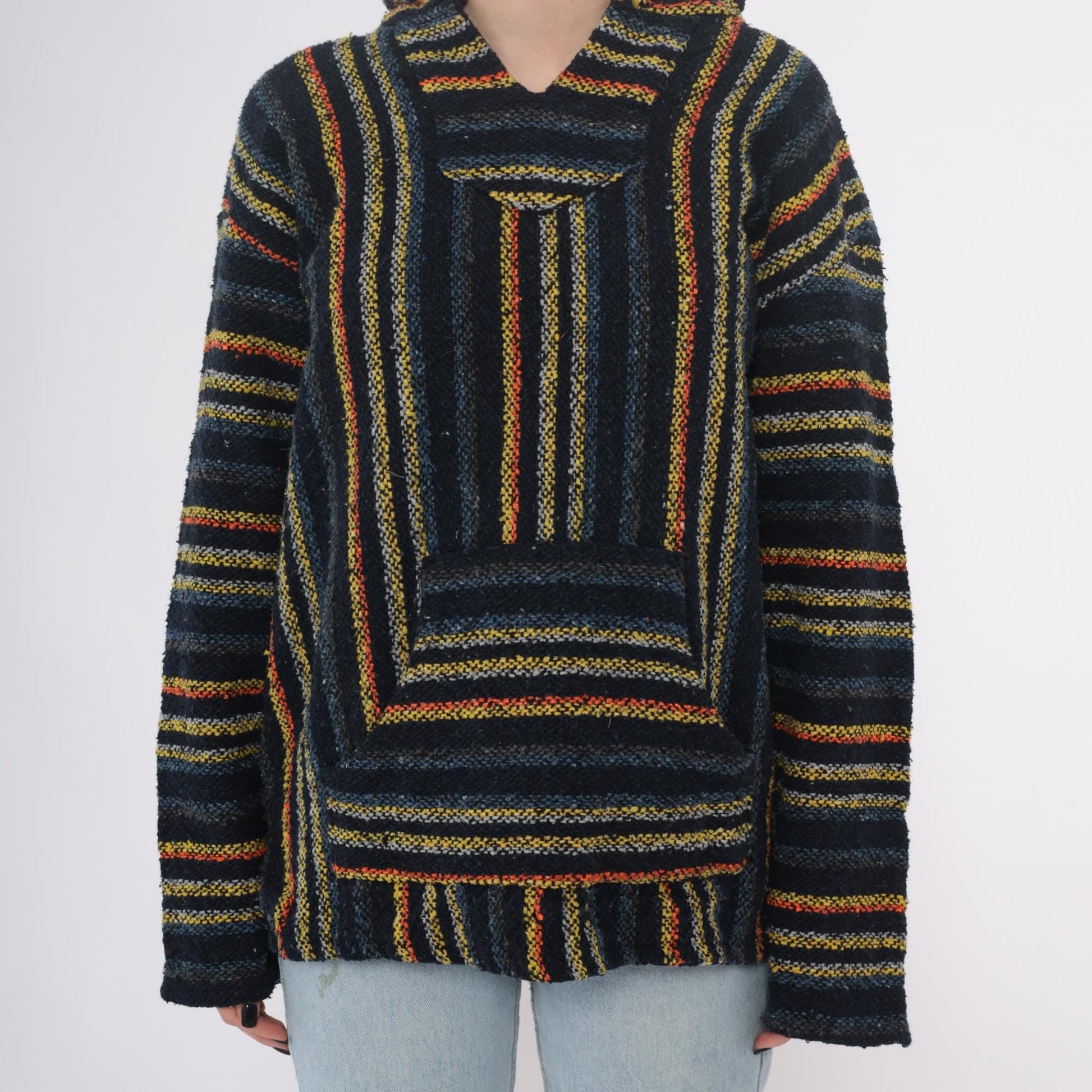 90s Iguana Jack Baja Hoodie Black Striped Woven Kangaroo Pocket Extra Large XL