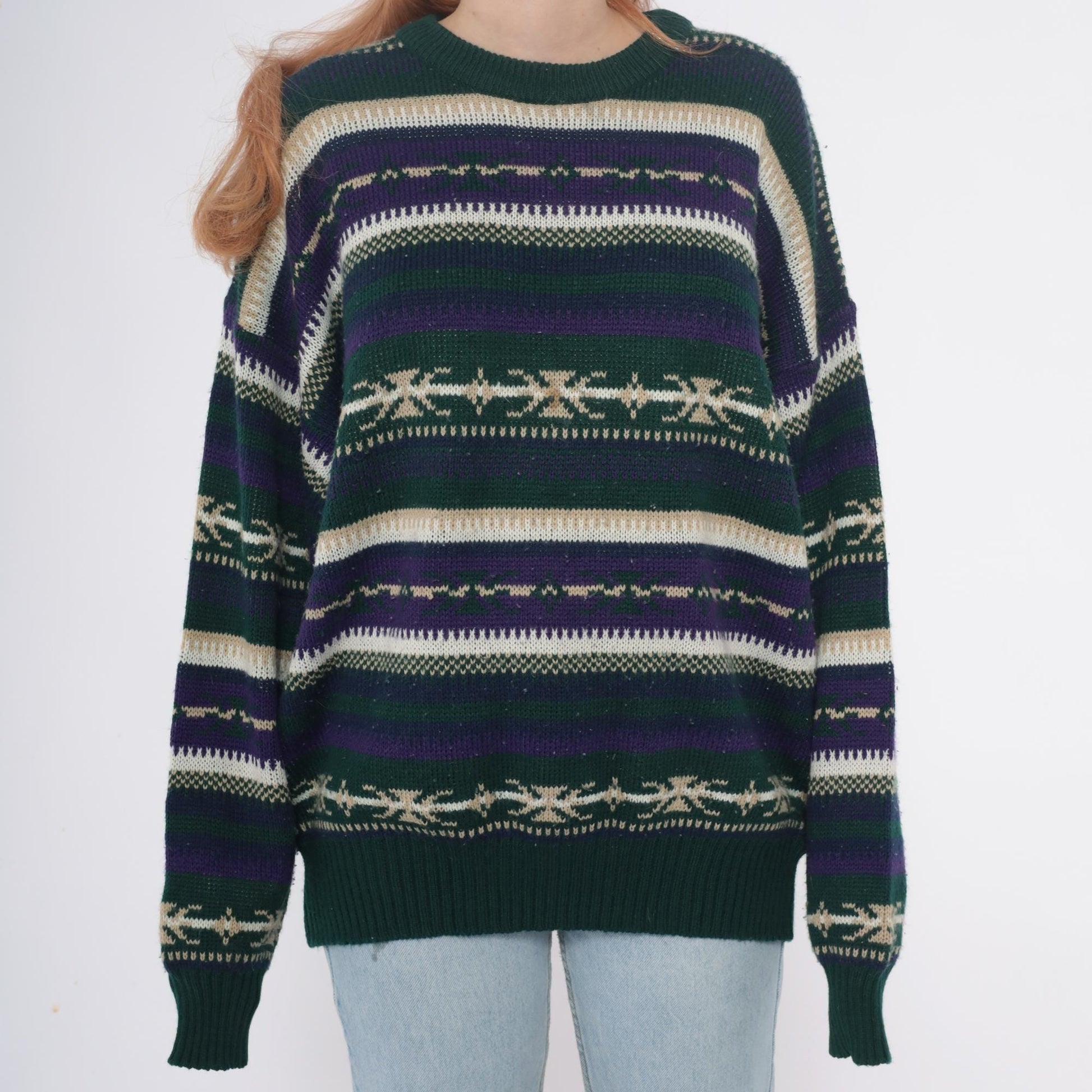 90s Fair Isle Sweater Green Purple Cream Geometric Pullover Extra Large XL