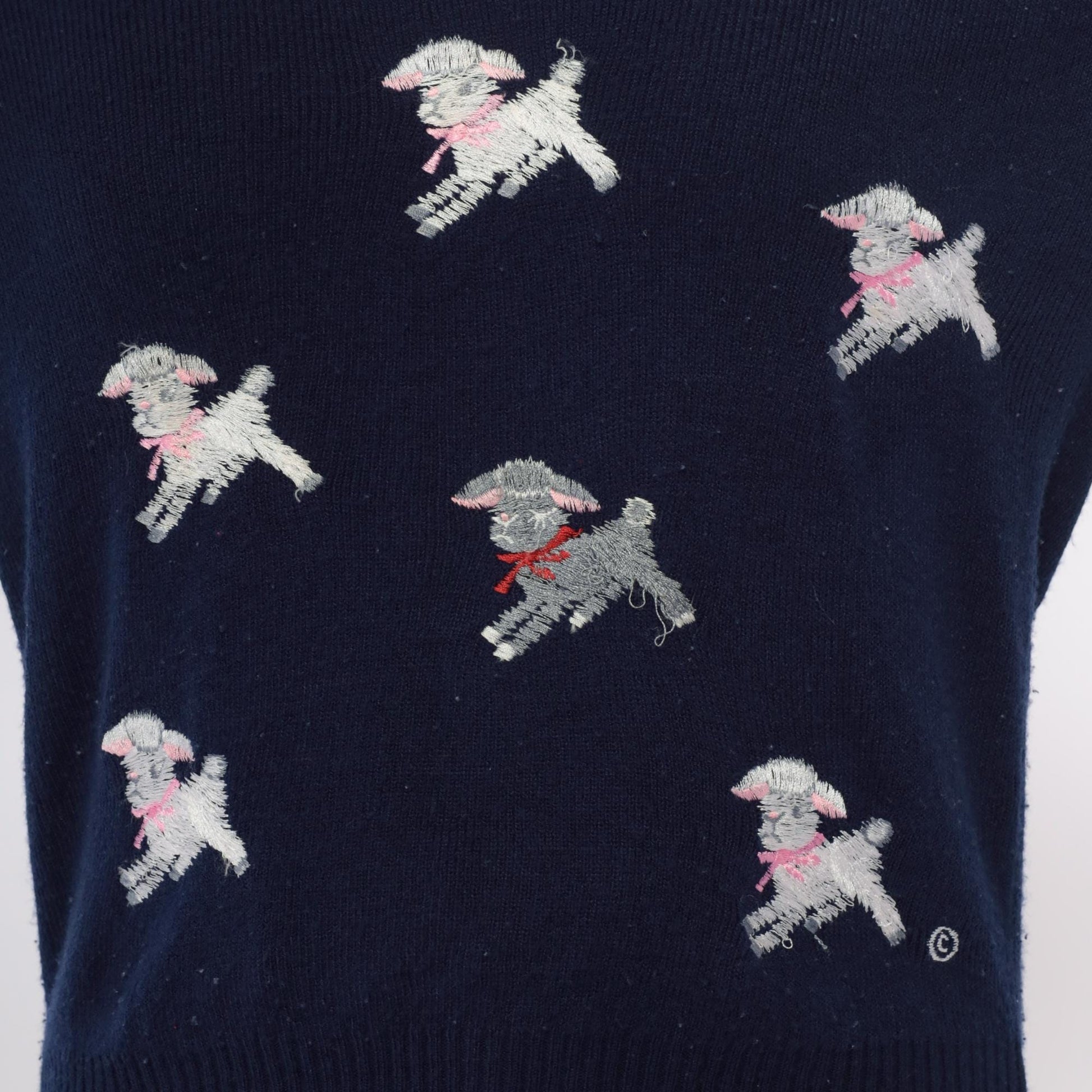 70s Shirlee Designs Navy Lamb Sweater Embroidered Pink Bows Large L