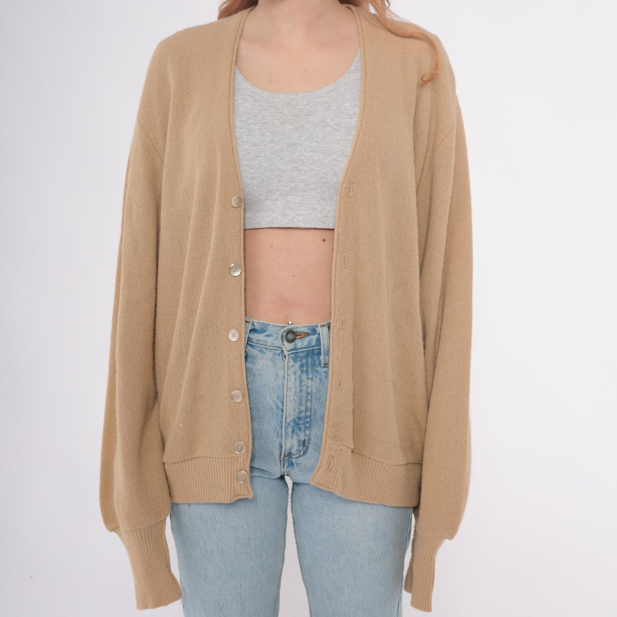 80s Robert Bruce Camel Cardigan V-Neck Button Front Tan Ribbed Large L