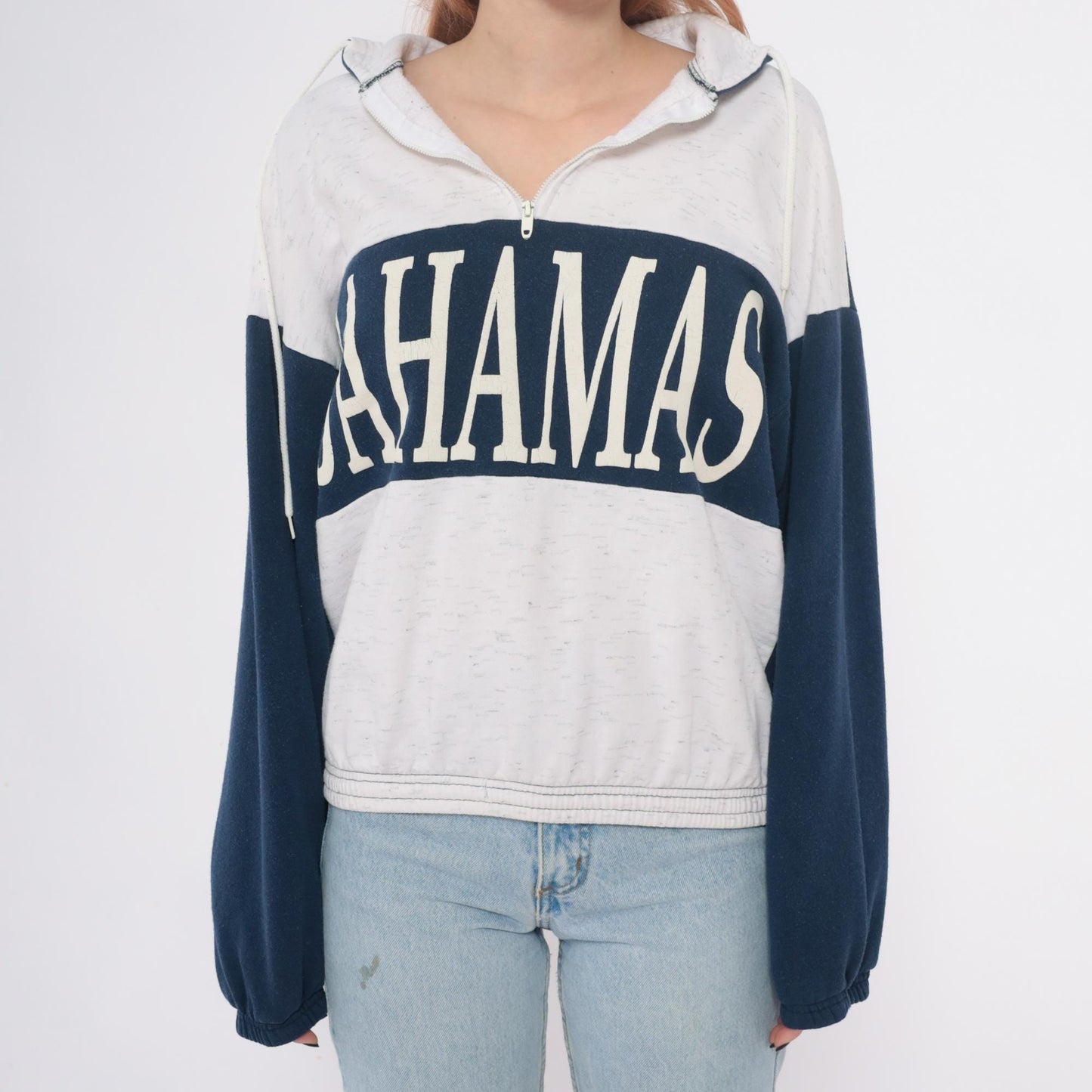80s Bahamas Zip Hoodie Colorblock Navy Cream Cotton Small Medium
