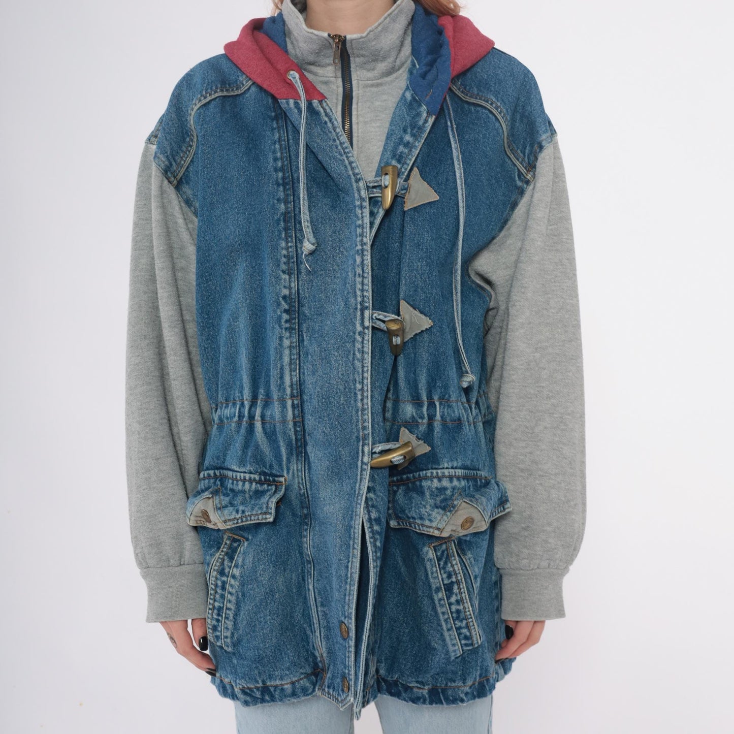 90s New York Girl Denim Jacket Colorblock Hood Toggle Closure Medium M