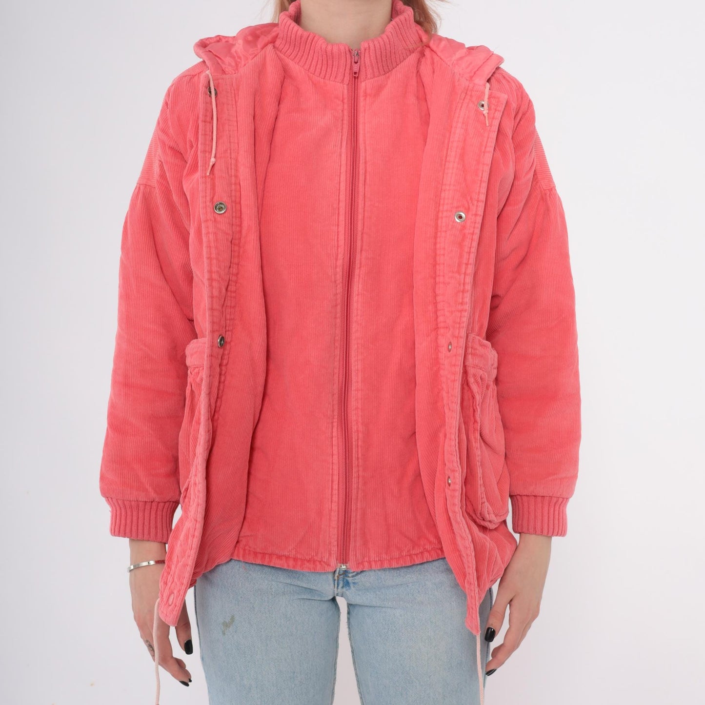 80s Coral Corduroy Hooded Puffer Jacket Zip Front Ribbed Cuffs Small S