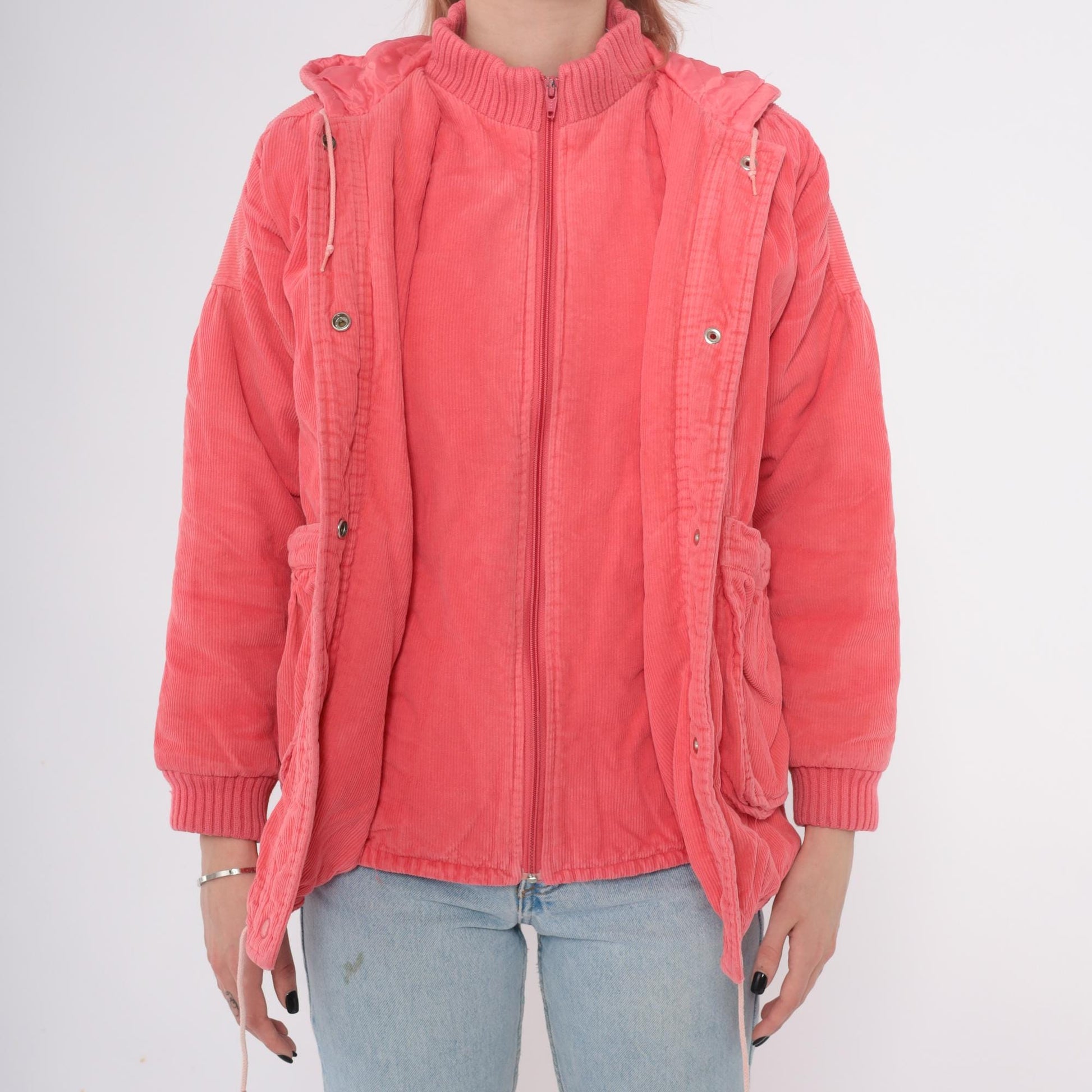 80s Coral Corduroy Hooded Puffer Jacket Zip Front Ribbed Cuffs Small S