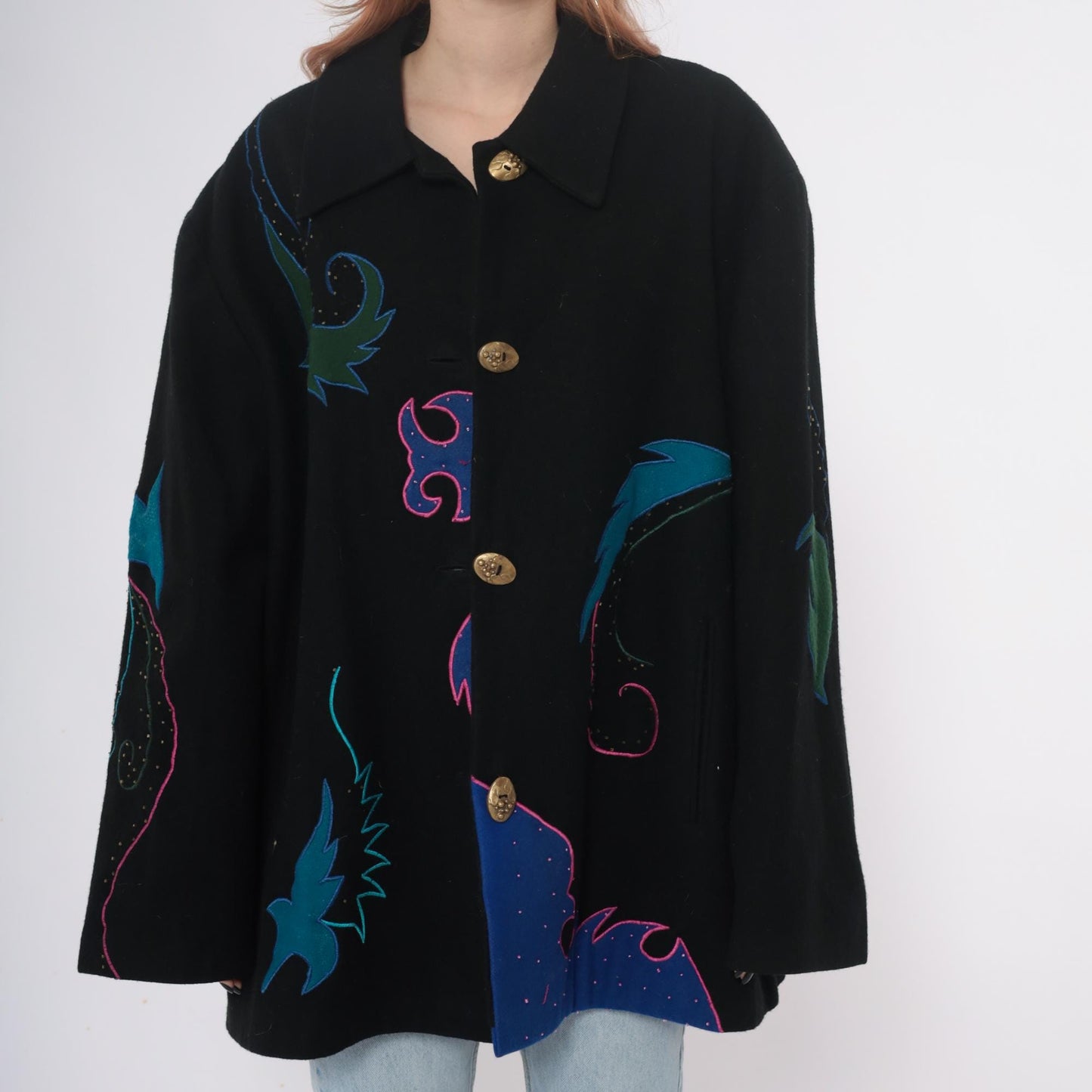 90s Black Wool Blazer Beaded Embroidered Teal Pink Gold Statement Jacket Extra Large