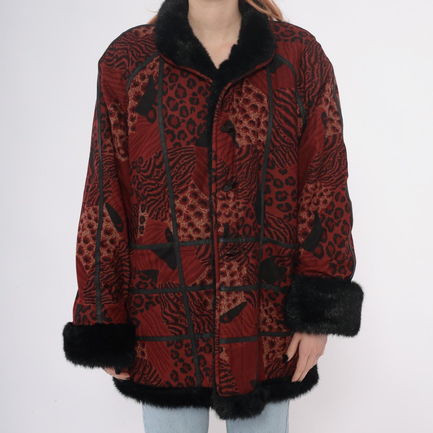 70s Burgundy Patchwork Coat Animal Print Faux Fur Collar Large L