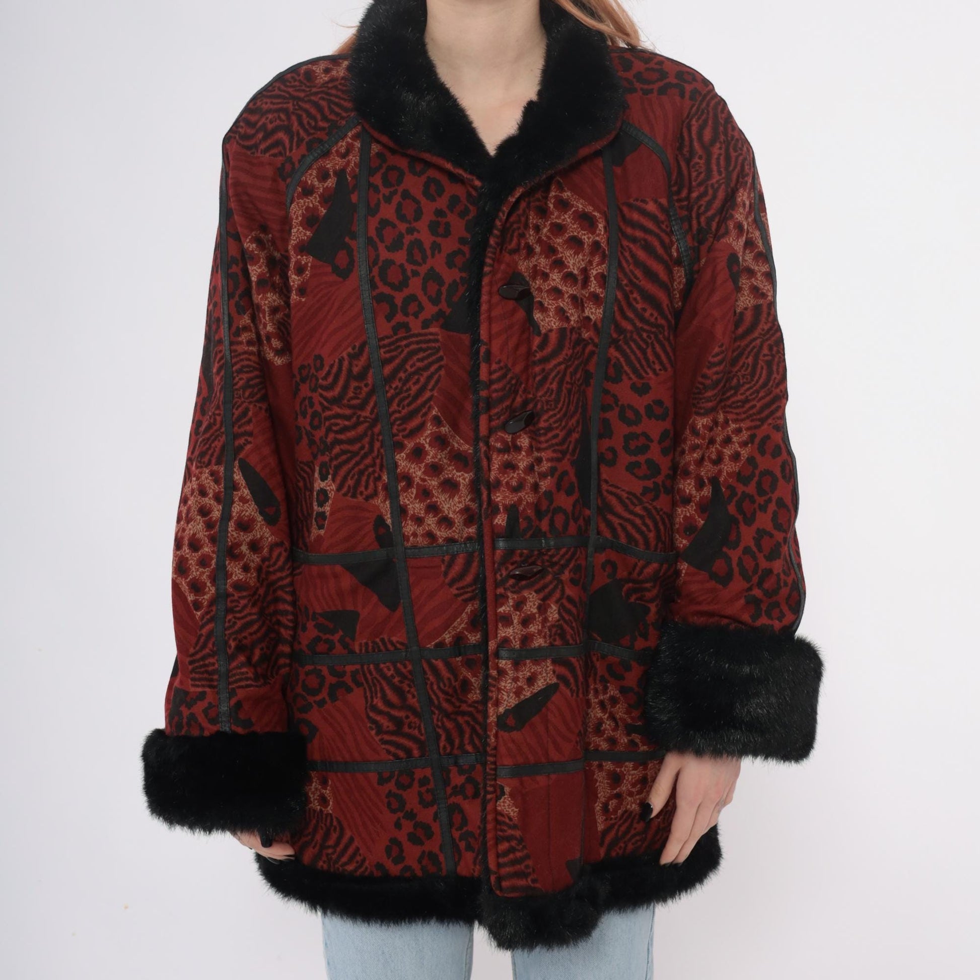 70s Burgundy Patchwork Coat Animal Print Faux Fur Collar Large L