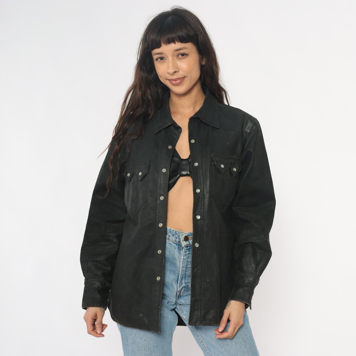 90s Neyries Black Leather Western Shirt Pearl Snap Pointed Yoke Large L