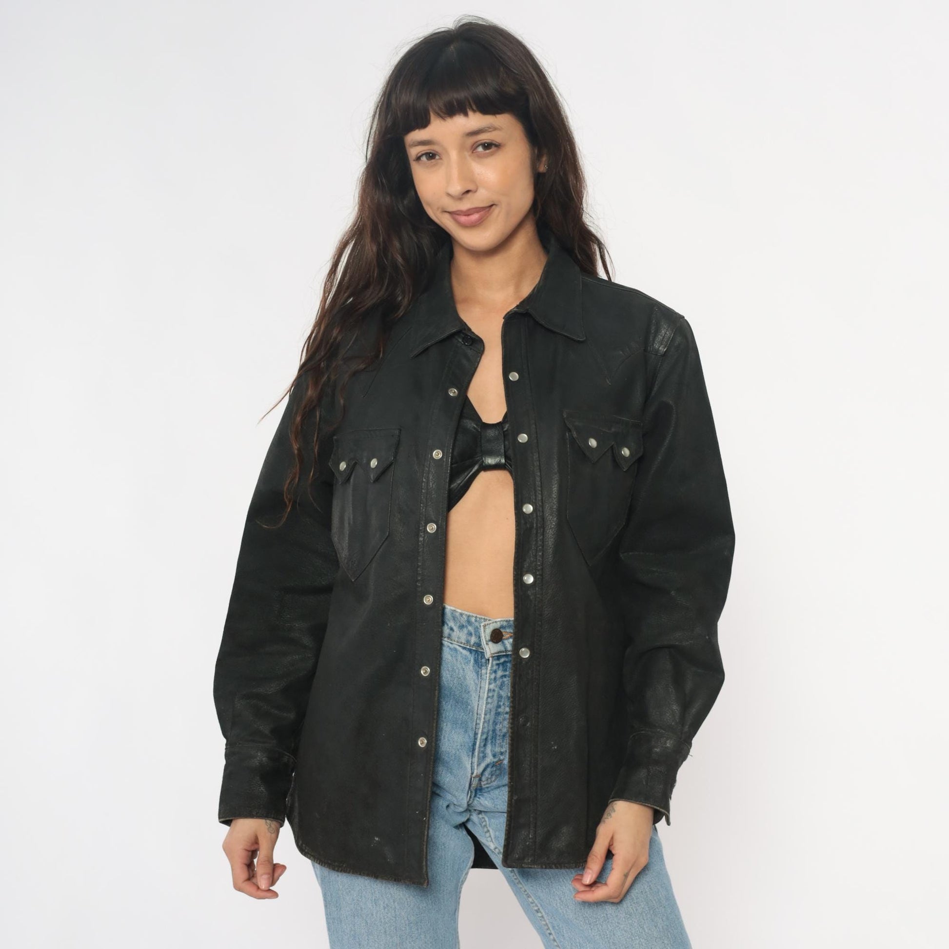 90s Neyries Black Leather Western Shirt Pearl Snap Pointed Yoke Large L