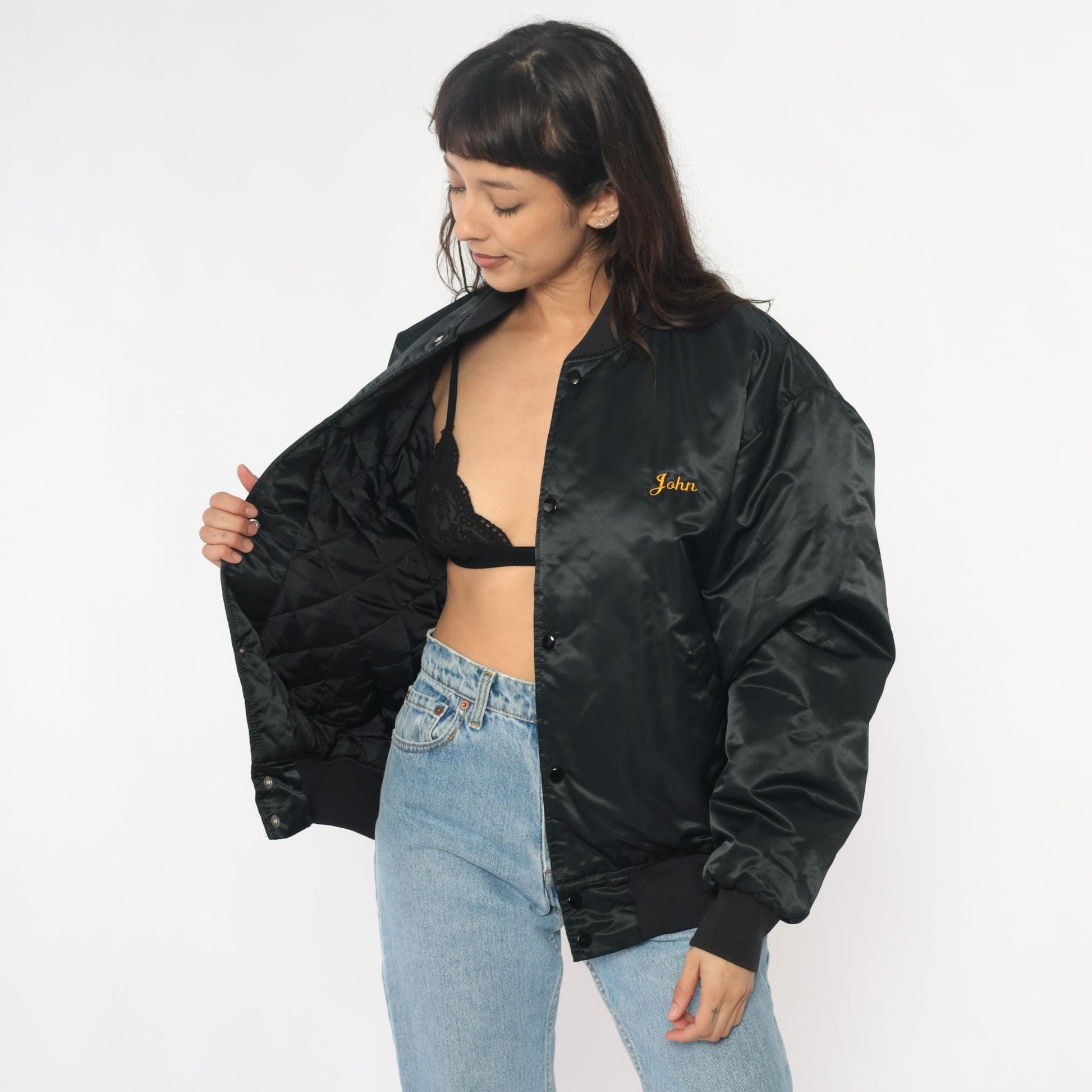 90s Black Satin Bomber Jacket Embroidered Champion Hunt Club Deer Large