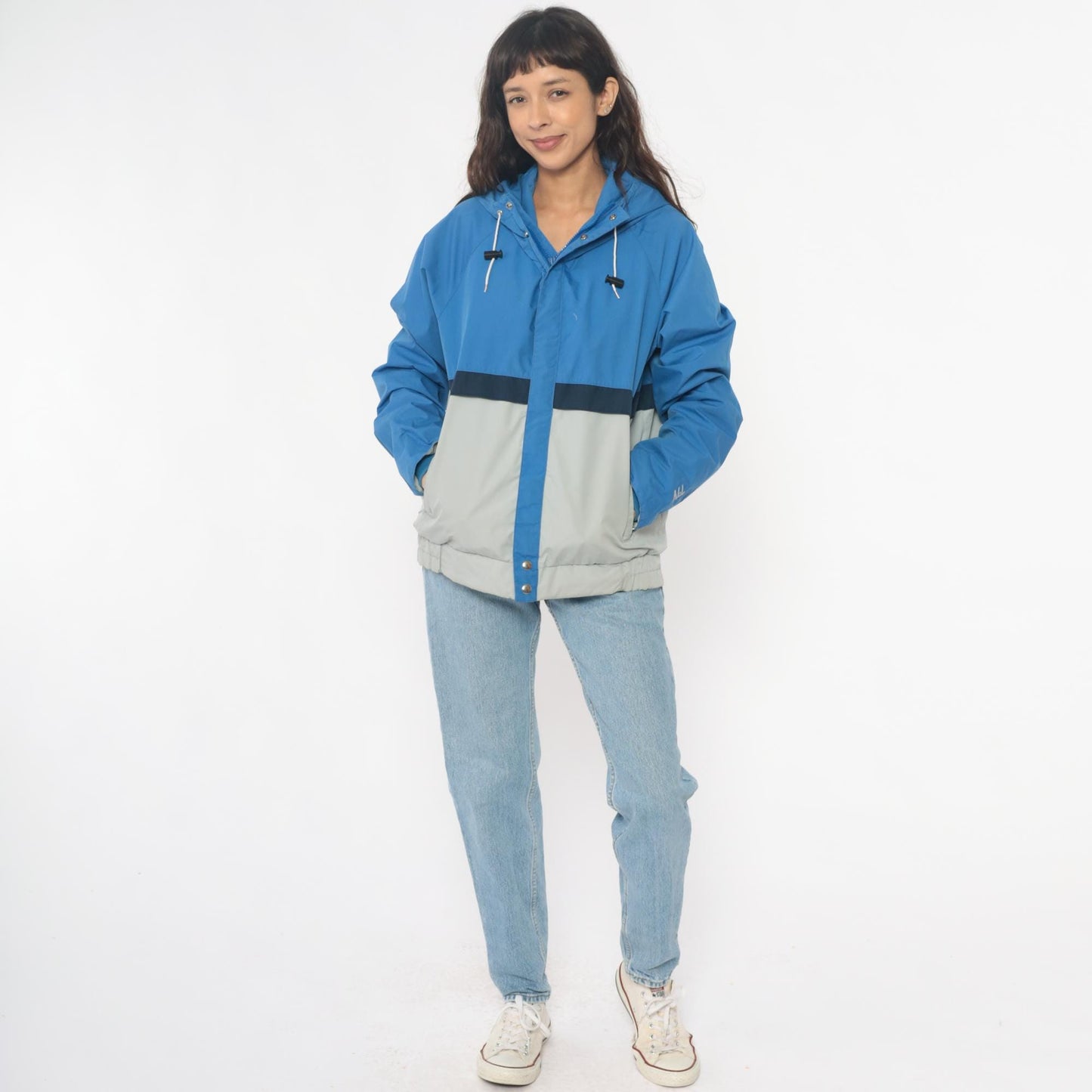90s Nils Colorblock Hooded Windbreaker Jacket Blue Navy Cream Medium