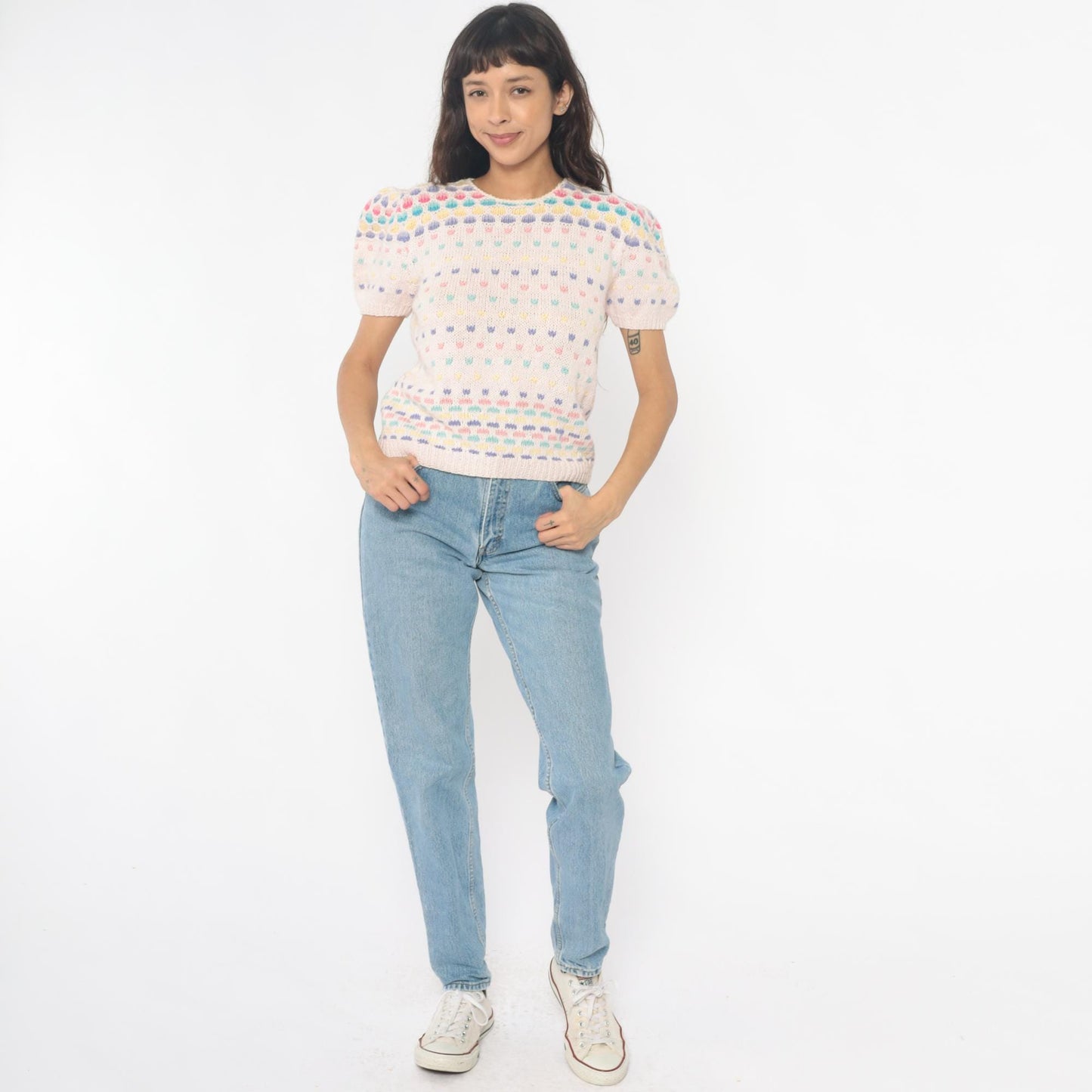80s Deans of Scotland Puff Sleeve Knit Top Cream Polka Dot Small