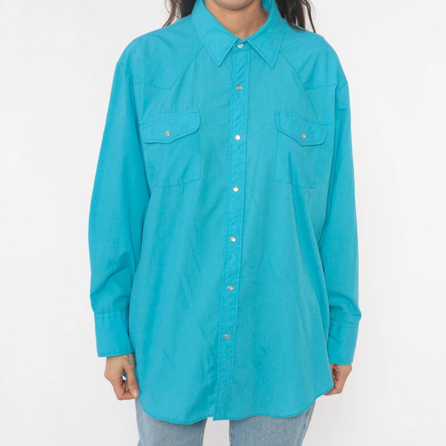 80s Sheplers Turquoise Western Shirt Pearl Snap Collared Long Sleeve Large