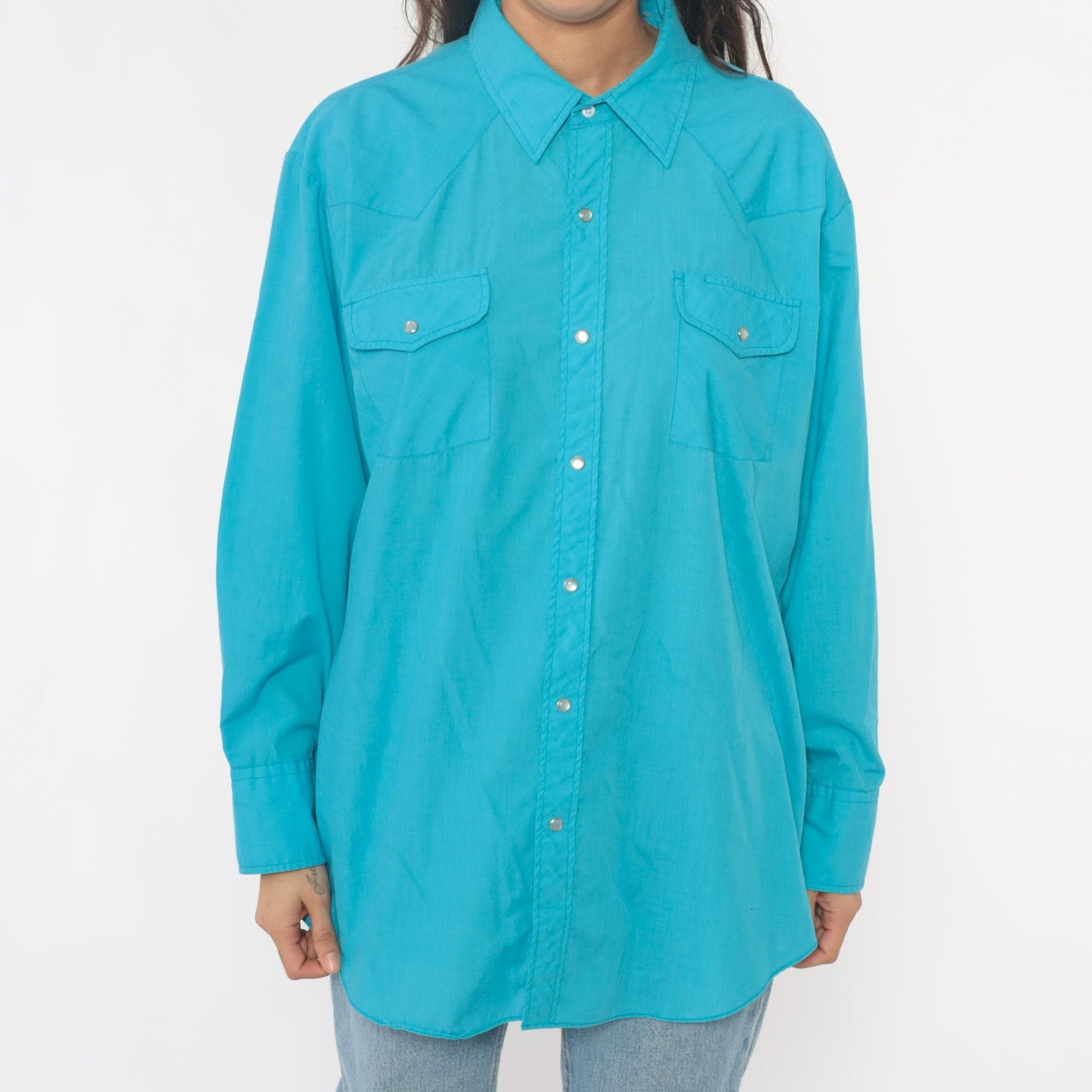 80s Sheplers Turquoise Western Shirt Pearl Snap Collared Long Sleeve Large
