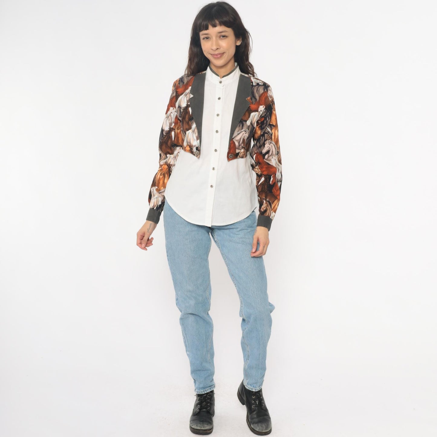 90s Roughrider Western Horse Print Button-Up Blouse White Small