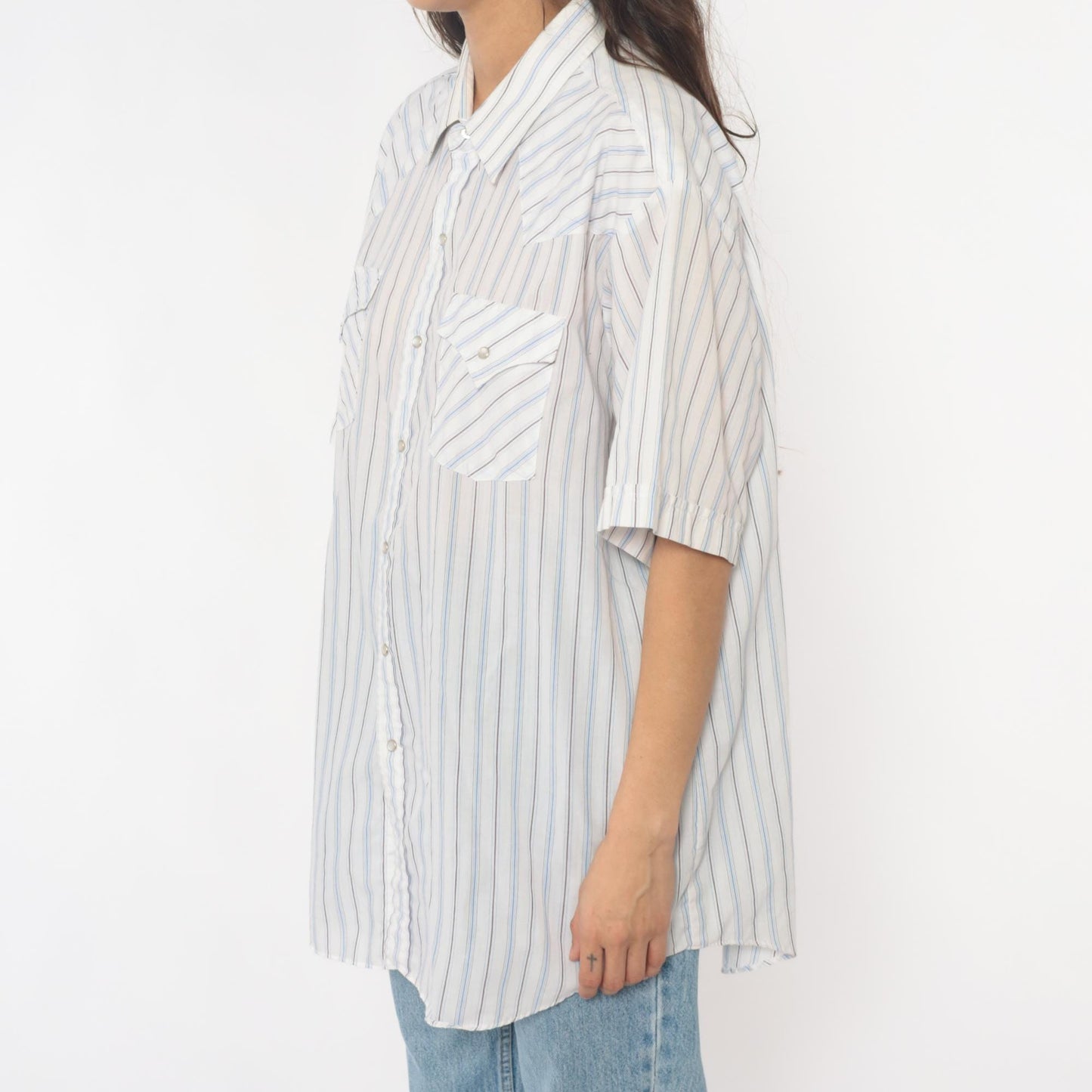 90s Ely Cattleman Western Striped Snap Shirt Cream Blue Tan Extra Large XL