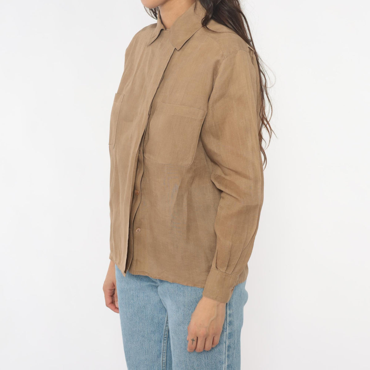 Calvin Klein 80s Tan Button-Up Shirt Pointed Collar Chest Pockets Small