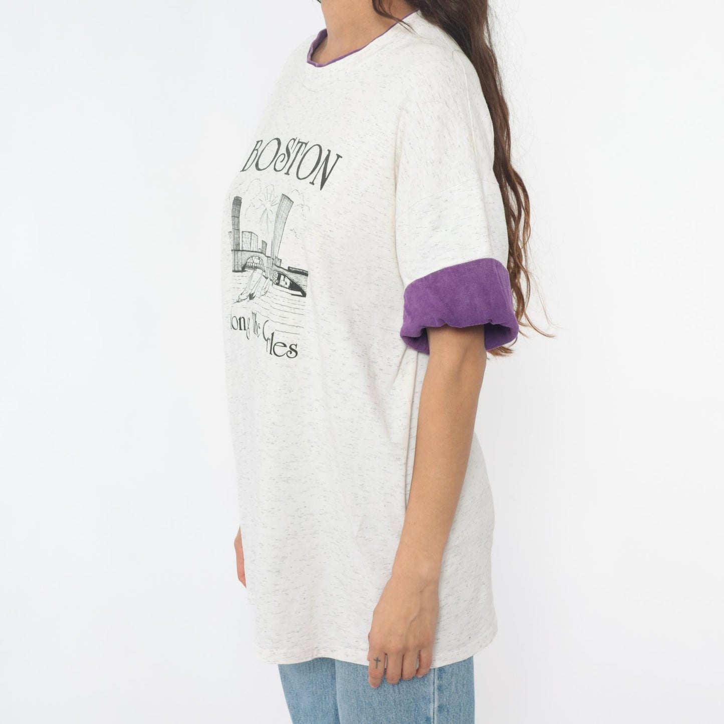 90s Boston Along The Charles River Graphic Tee Purple Ringer Sleeves Large