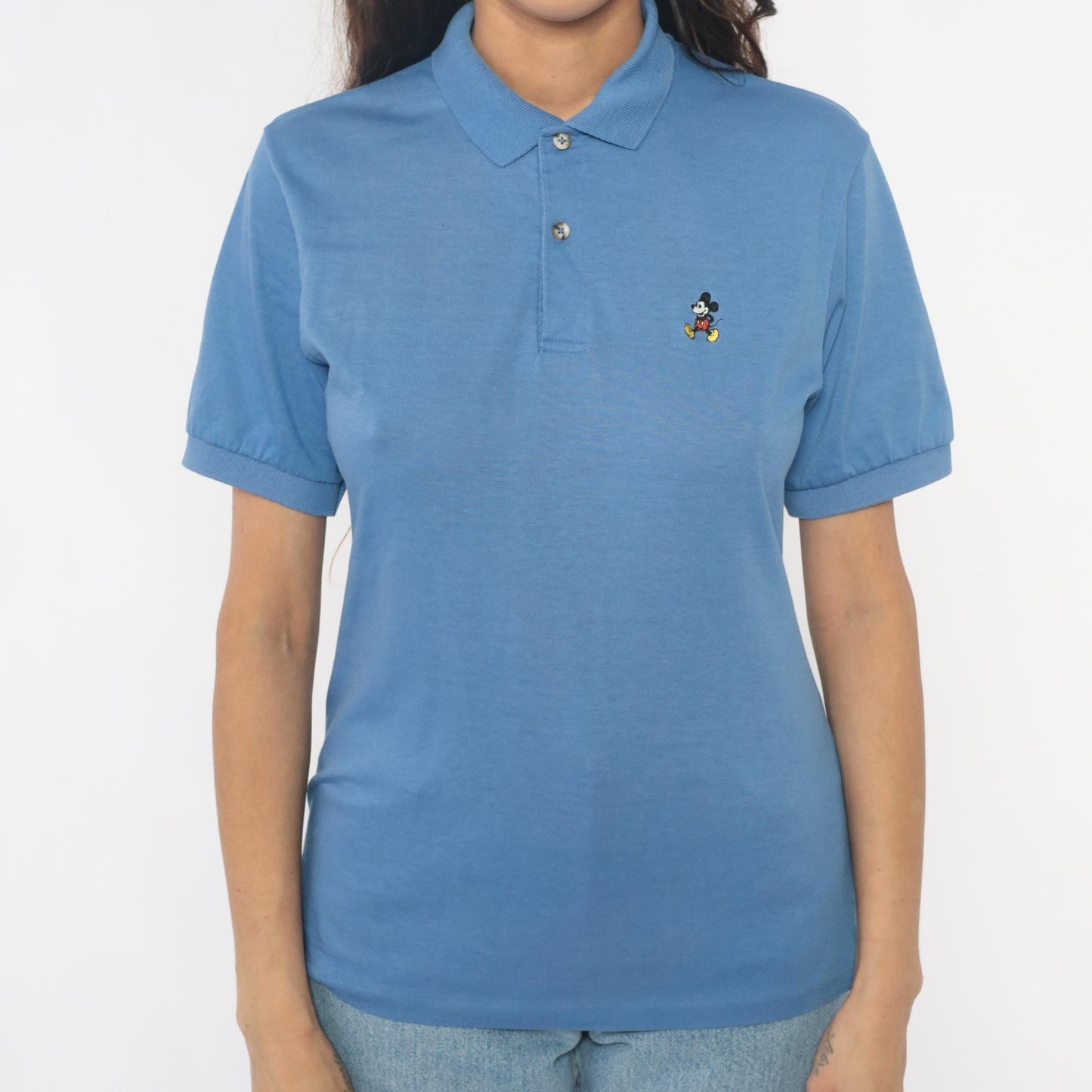 80s Disney Mickey Mouse Polo Cornflower Blue Embroidered Shirt Medium M