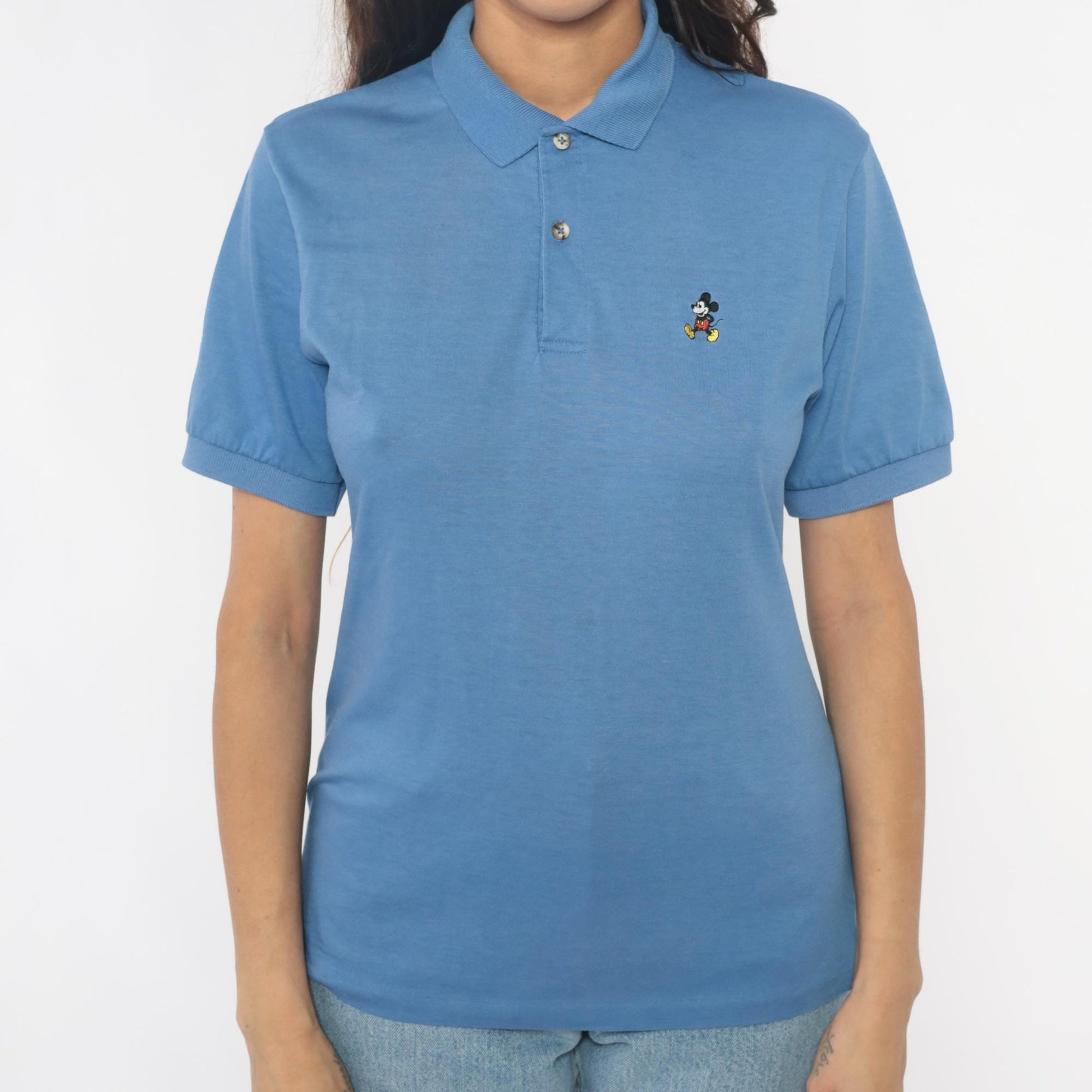 80s Disney Mickey Mouse Polo Cornflower Blue Embroidered Shirt Medium M
