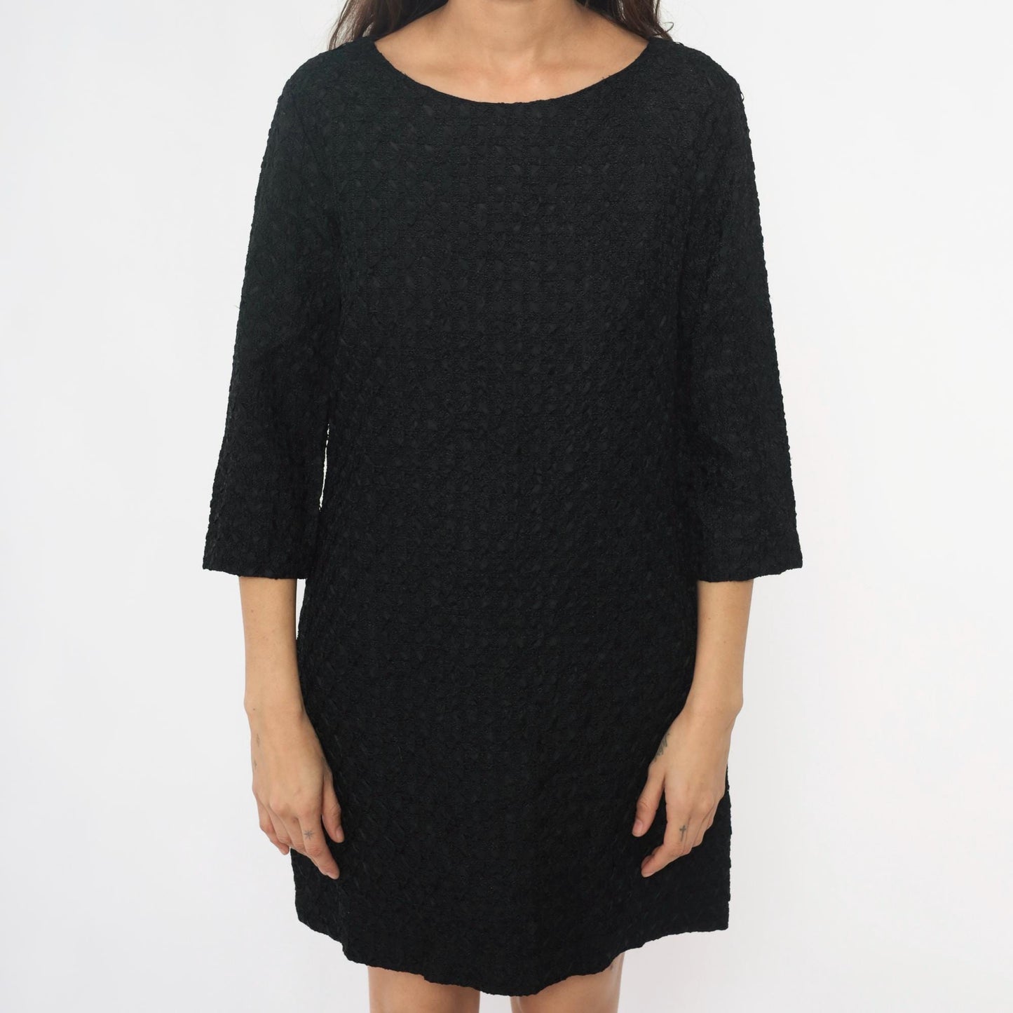 60s Black Shift Dress Boucle Boat Neckline Three-Quarter Sleeve Medium M