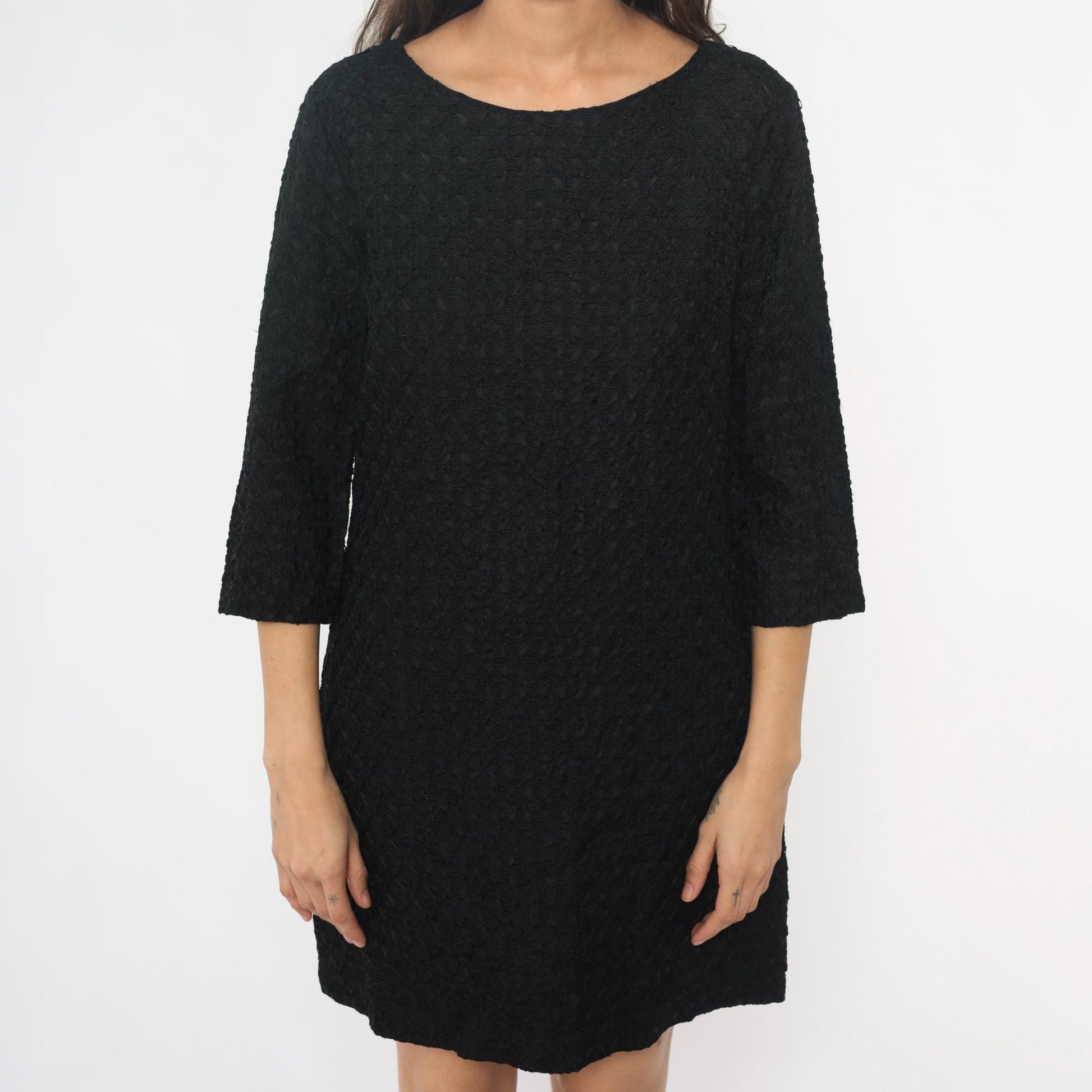60s Black Shift Dress Boucle Boat Neckline Three-Quarter Sleeve Medium M