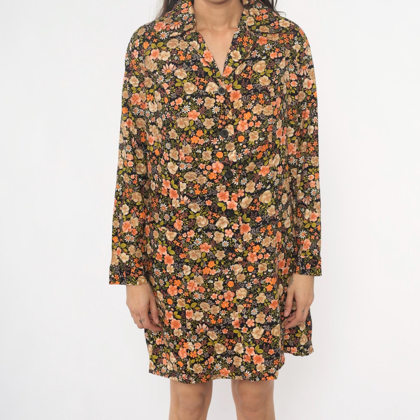 80s Laurel C Floral Shirt Dress Cotton Collared Mini Dark Botanical Large L