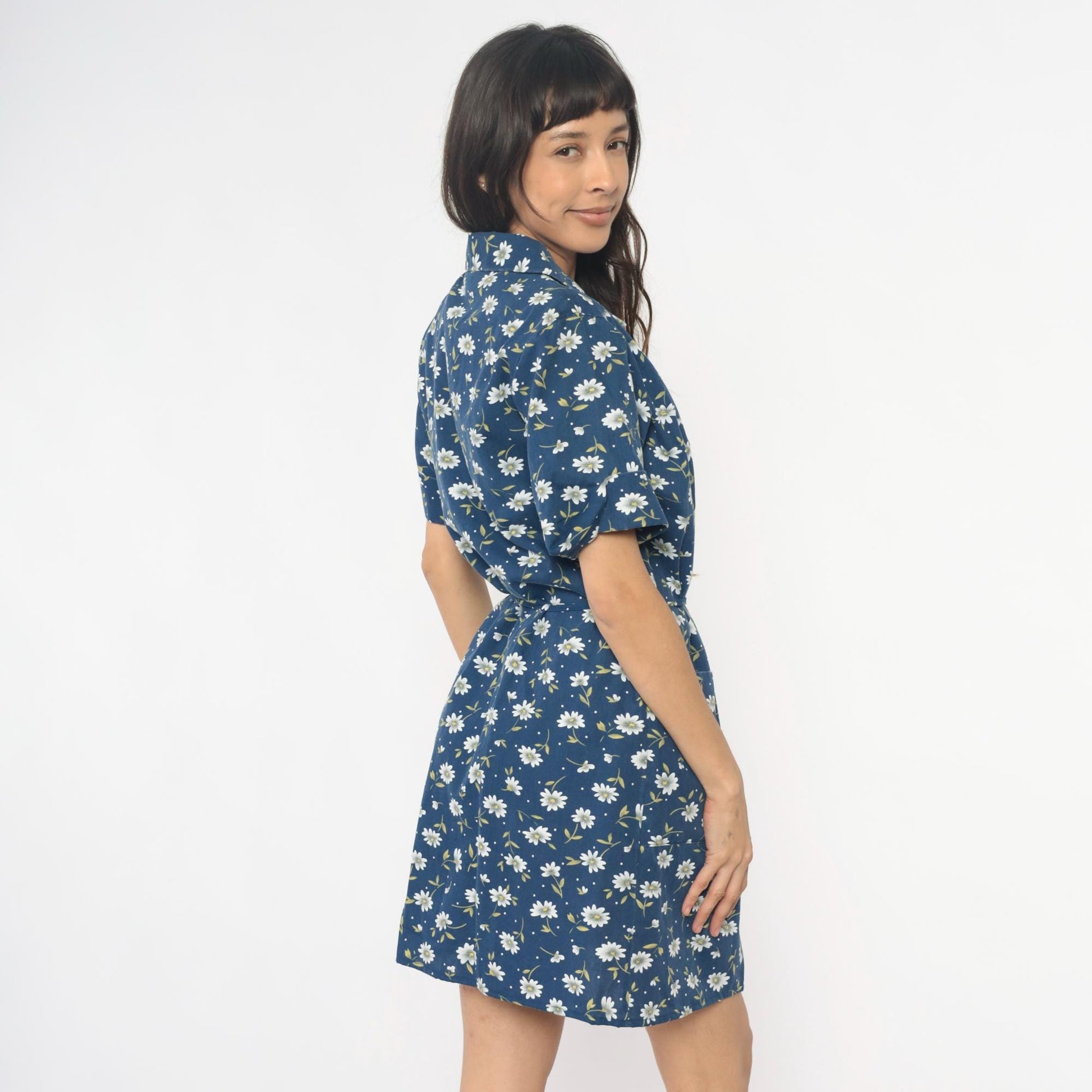 90s Carole Navy Floral Daisy Dress Collared Button Front Cotton Medium M