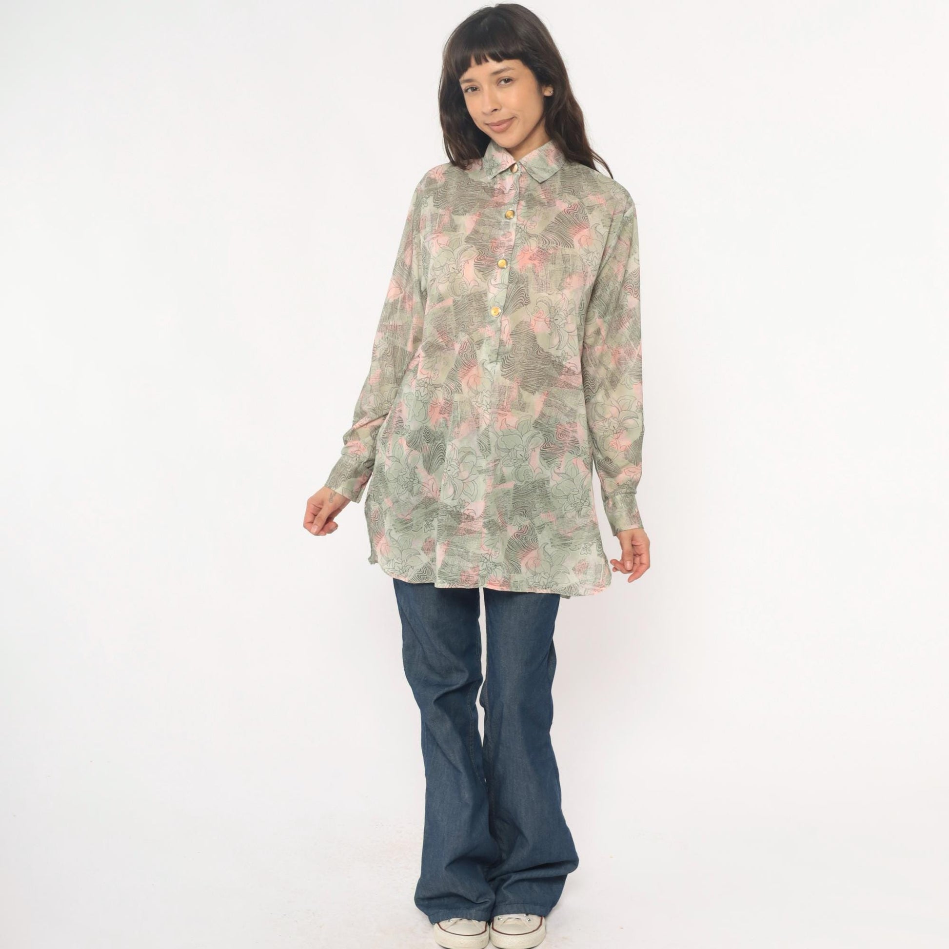 70s Abstract Floral Tunic Shirt Sage Pink Cream Button Front Medium