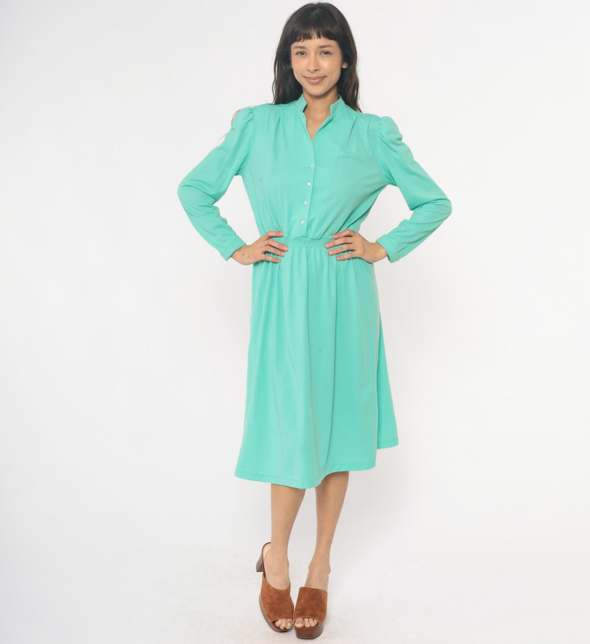 80s Lehigh Mint Green Shirtdress Puff Shoulder Knee-Length Small Medium