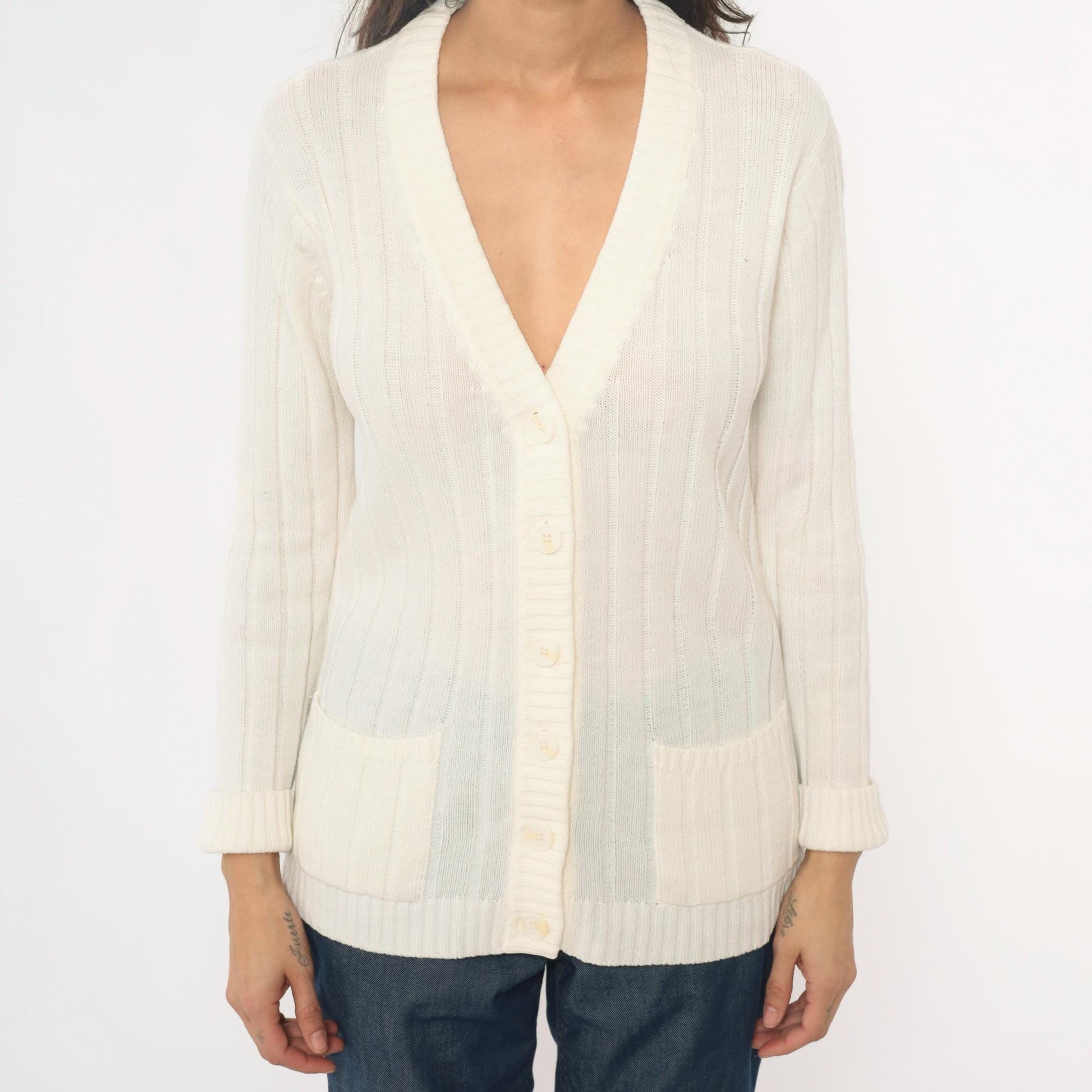 70s Cream Cable Knit Cardigan V-Neck Button Front Zayre Small