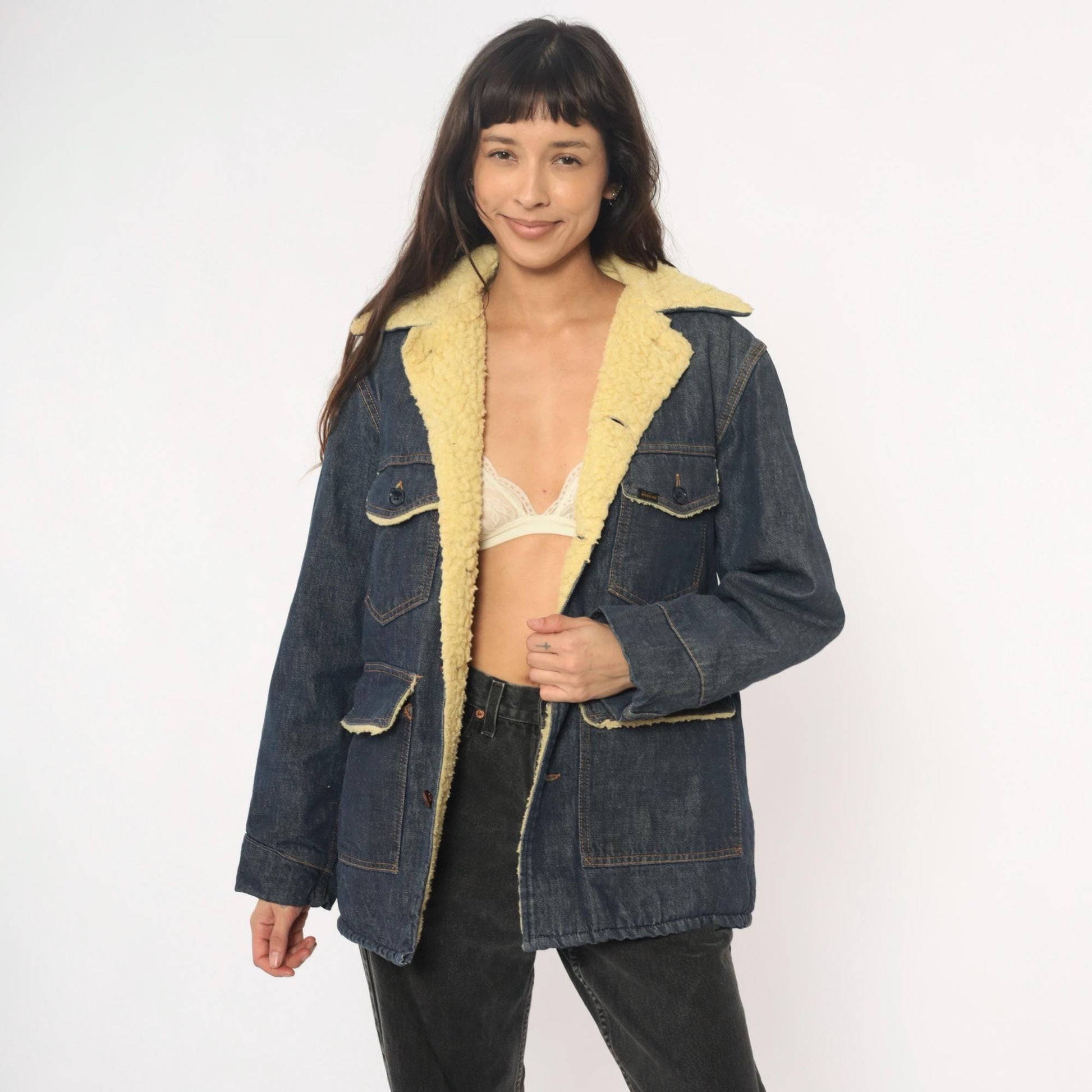 70s Roebucks Denim Jacket Sherpa Lined Dark Indigo Cream Workwear Medium Large