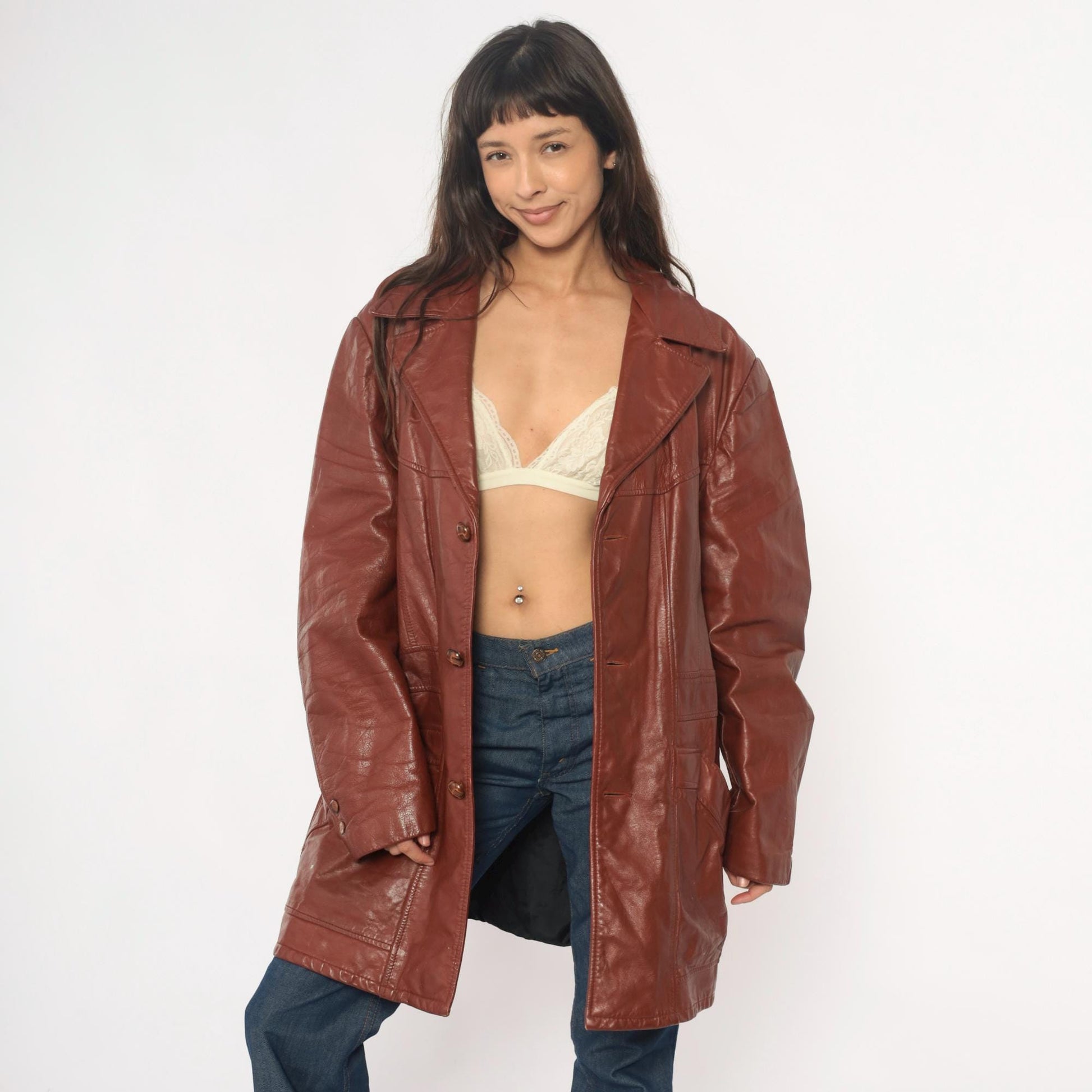 70s Brown Leather Jacket Notched Collar Long Coat Burgundy Lining Extra Large