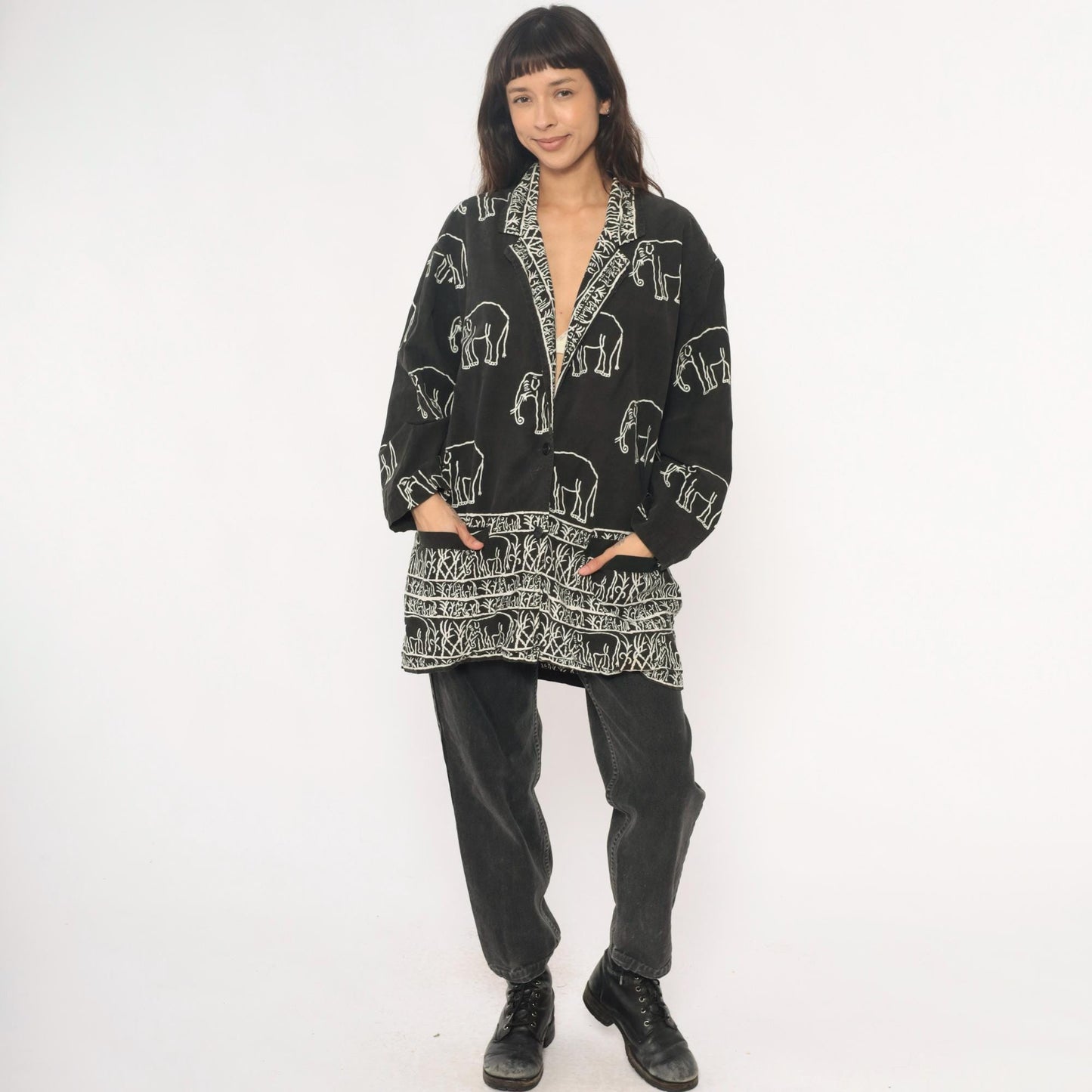 90s Black Cotton Elephant Print Tunic Jacket Collared Medium M