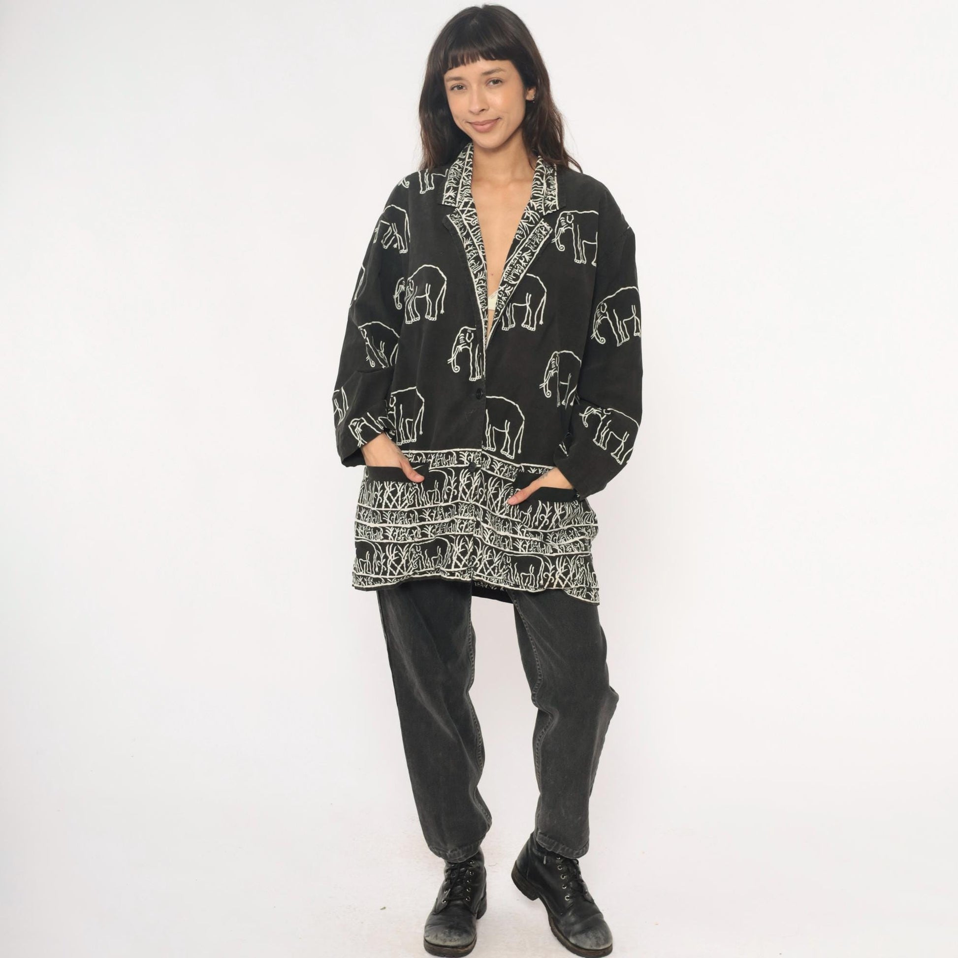 90s Black Cotton Elephant Print Tunic Jacket Collared Medium M