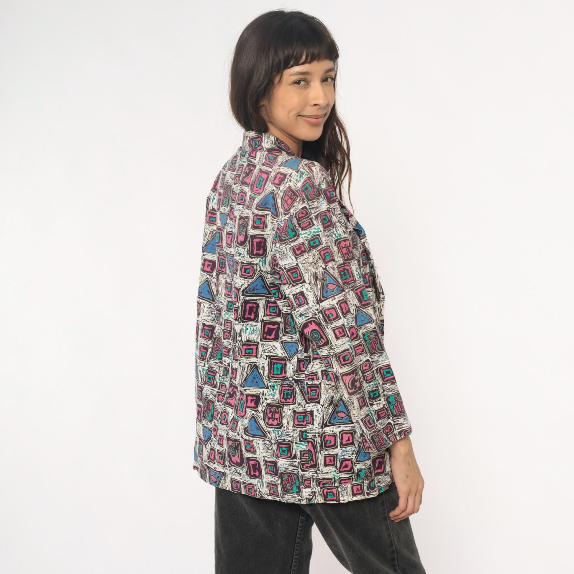 90s Mister Remo Geometric Abstract Blazer Pink Blue Cotton Small S