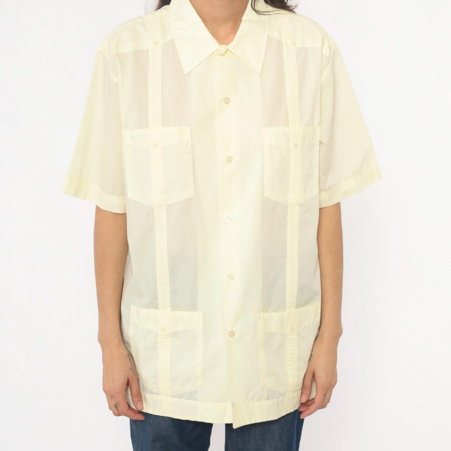 80s Pale Yellow Guayabera Shirt Pintuck Pleated Cotton Cream Collar Extra Large XL