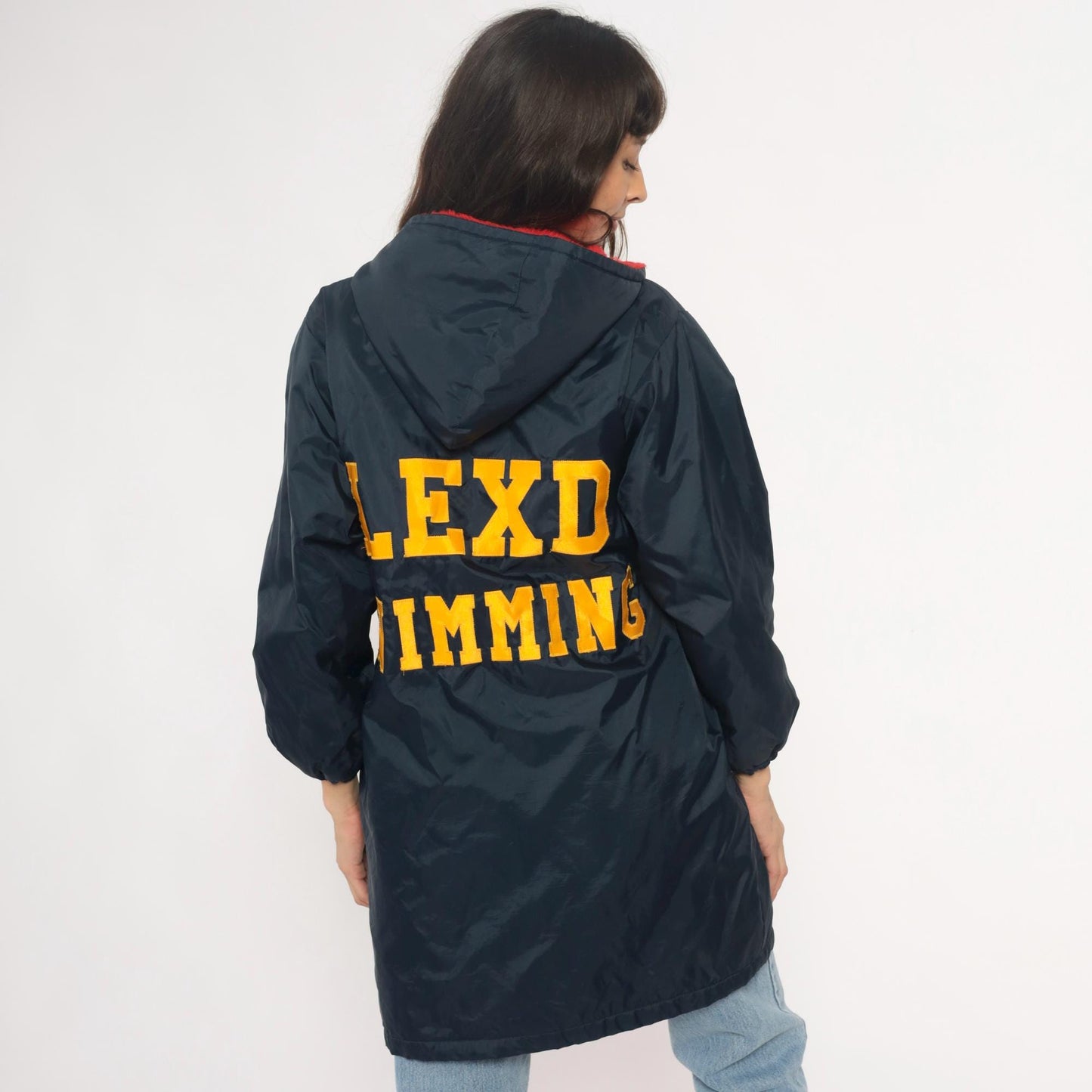 80s LEXD Swimming Team Jacket Navy Hooded Windbreaker Fur Lined Small