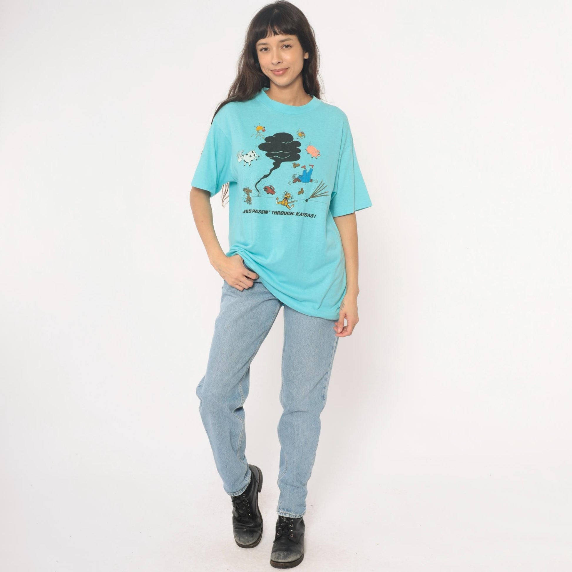 90s Anvil Kansas Tornado Graphic Tee Turquoise Cartoon Farm Animals Extra Large XL