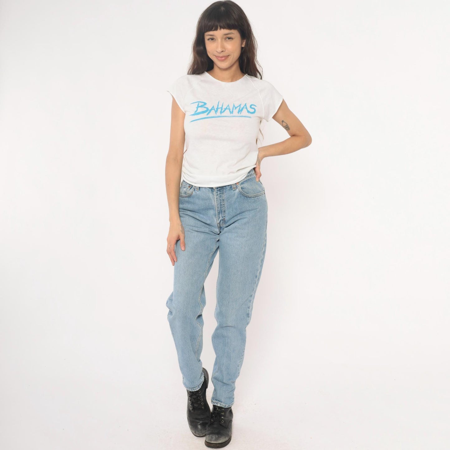 80s Bahamas White Graphic T-Shirt Cotton Crew Neck Cap Sleeve Extra Small XS